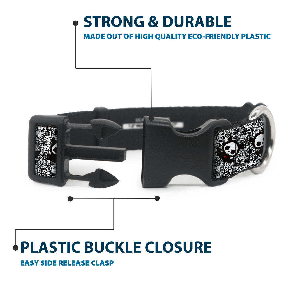 Plastic Clip Collar - Skelanimals Diego Pose Lace Print White/Black Dog Collars Plastic Clip Side Release Skelanimals