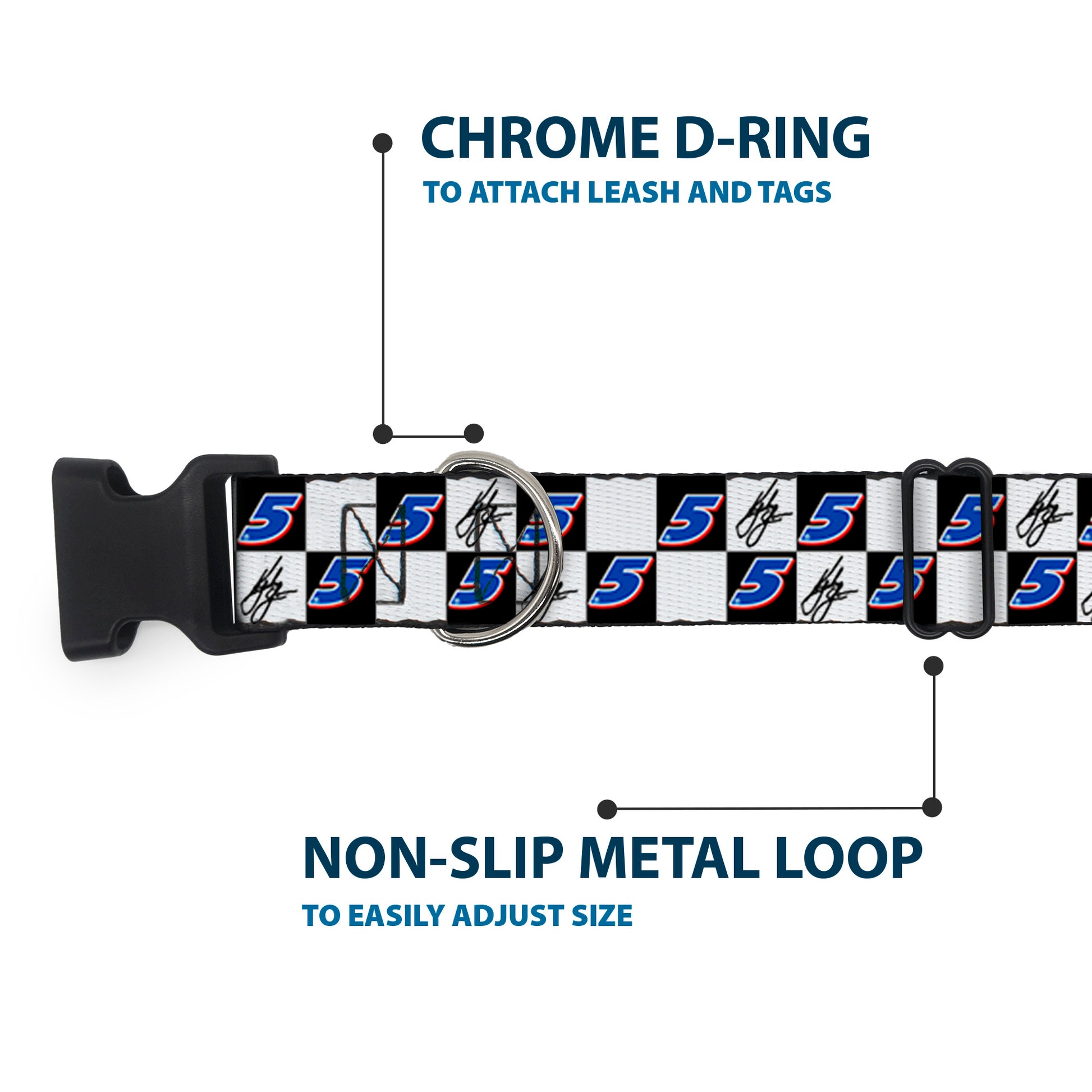 Plastic Clip Collar - Kyle Larson Autograph and #5 Checker Logo Black/White/Blue/Red Plastic Clip Collars Hendrick Motorsports