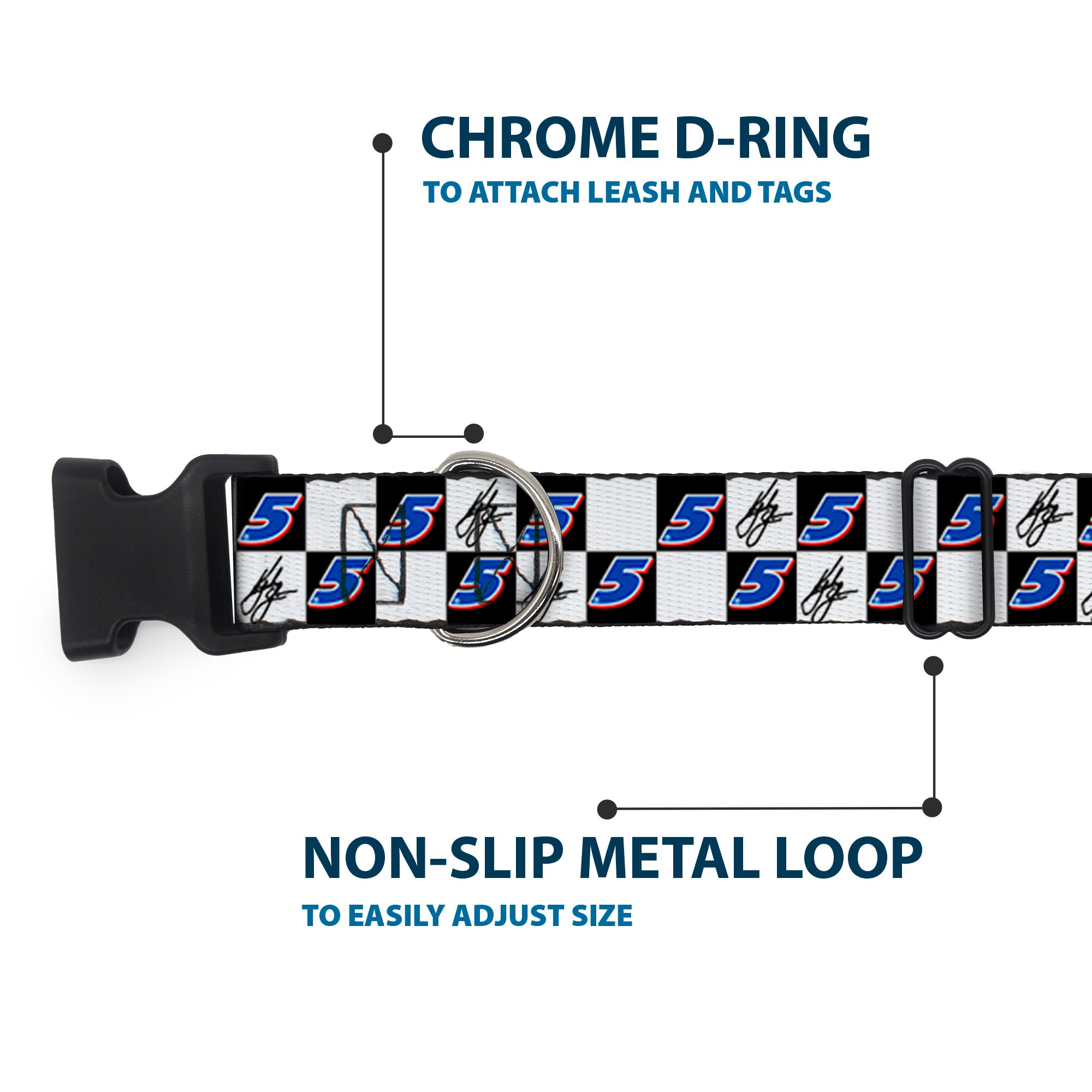 Plastic Clip Collar - Kyle Larson Autograph and #5 Checker Logo Black/White/Blue/Red Plastic Clip Collars Hendrick Motorsports