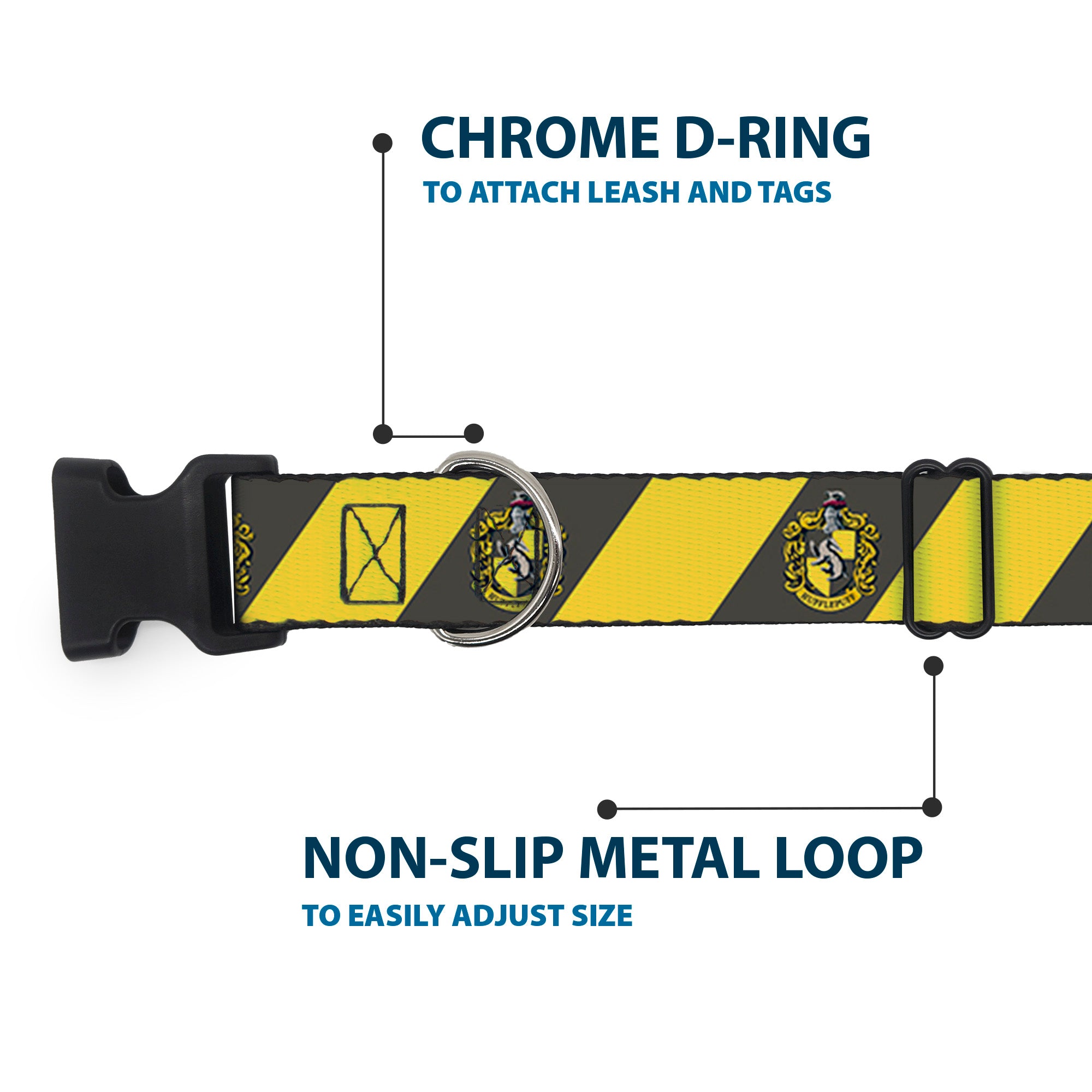 Plastic Clip Collar - HUFFLEPUFF Crest Diagonal Stripe Charcoal Gray/Yellow Plastic Clip Collars Harry Potter