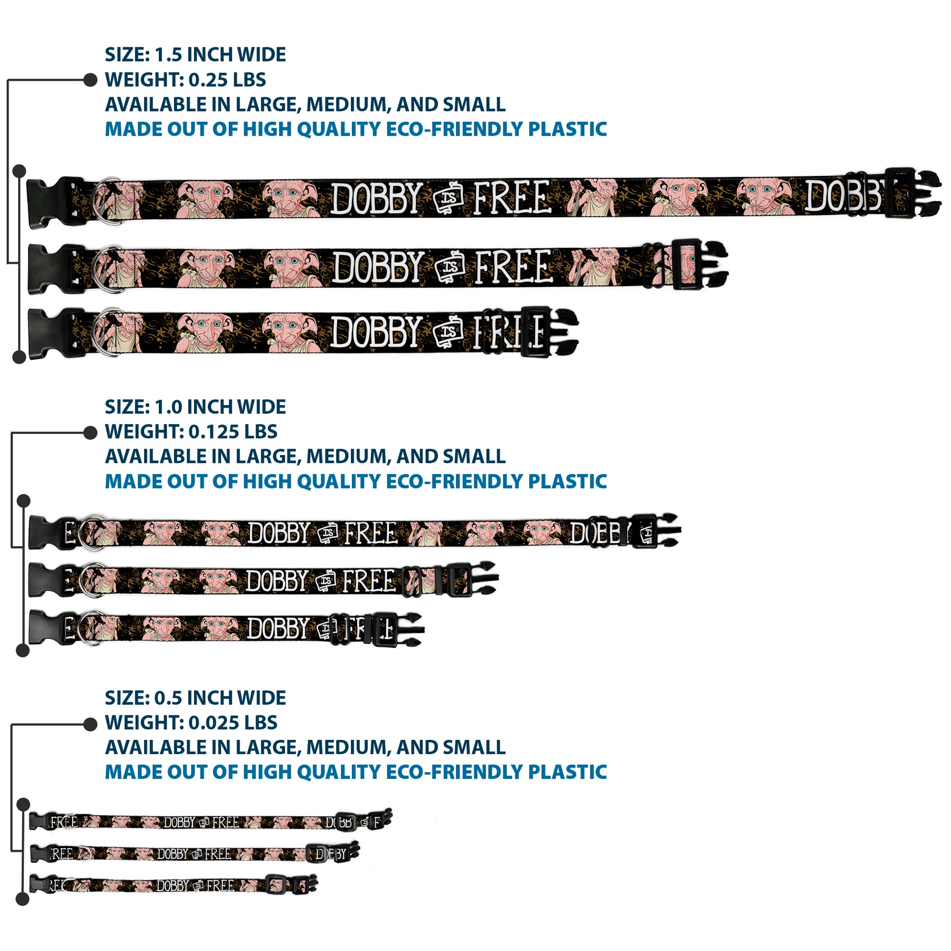 Plastic Clip Collar - DOBBY IS FREE/3-Dobby Poses Star Swirls Black/Gold/White Plastic Clip Collars Harry Potter