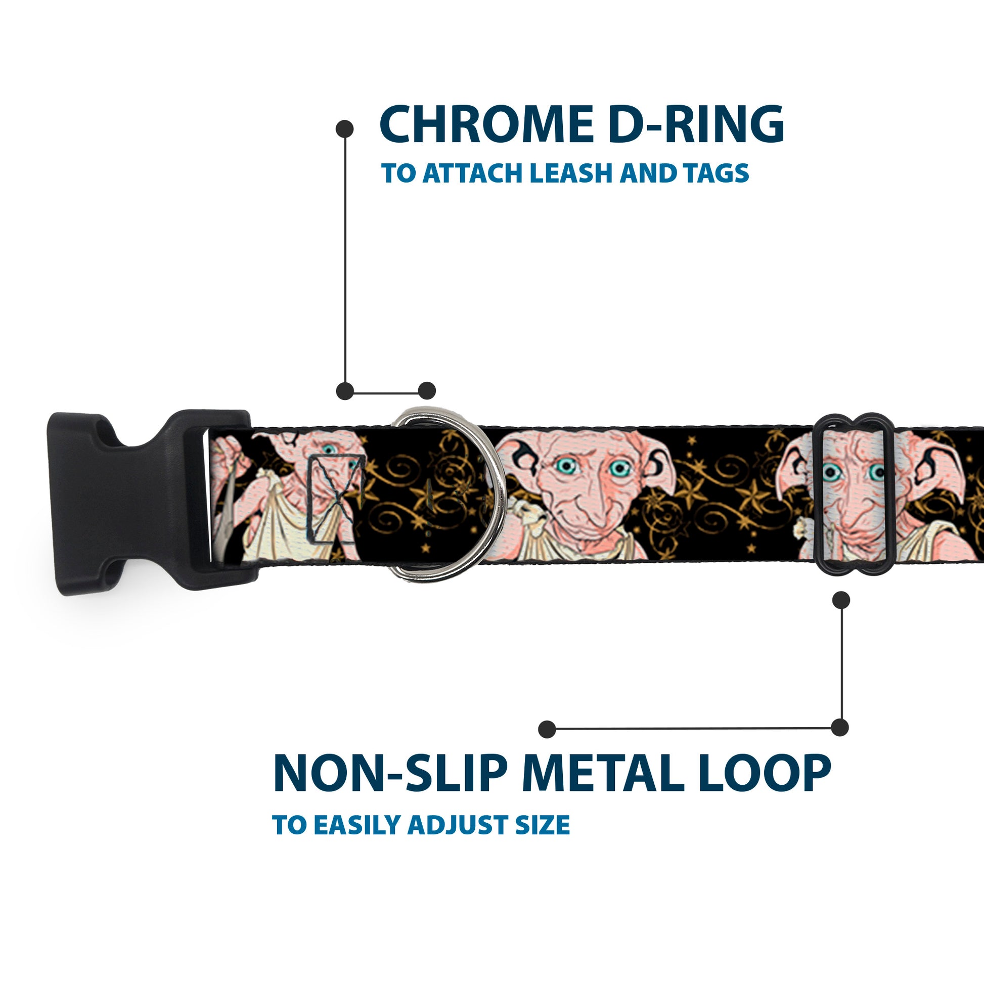 Plastic Clip Collar - DOBBY IS FREE/3-Dobby Poses Star Swirls Black/Gold/White Plastic Clip Collars Harry Potter