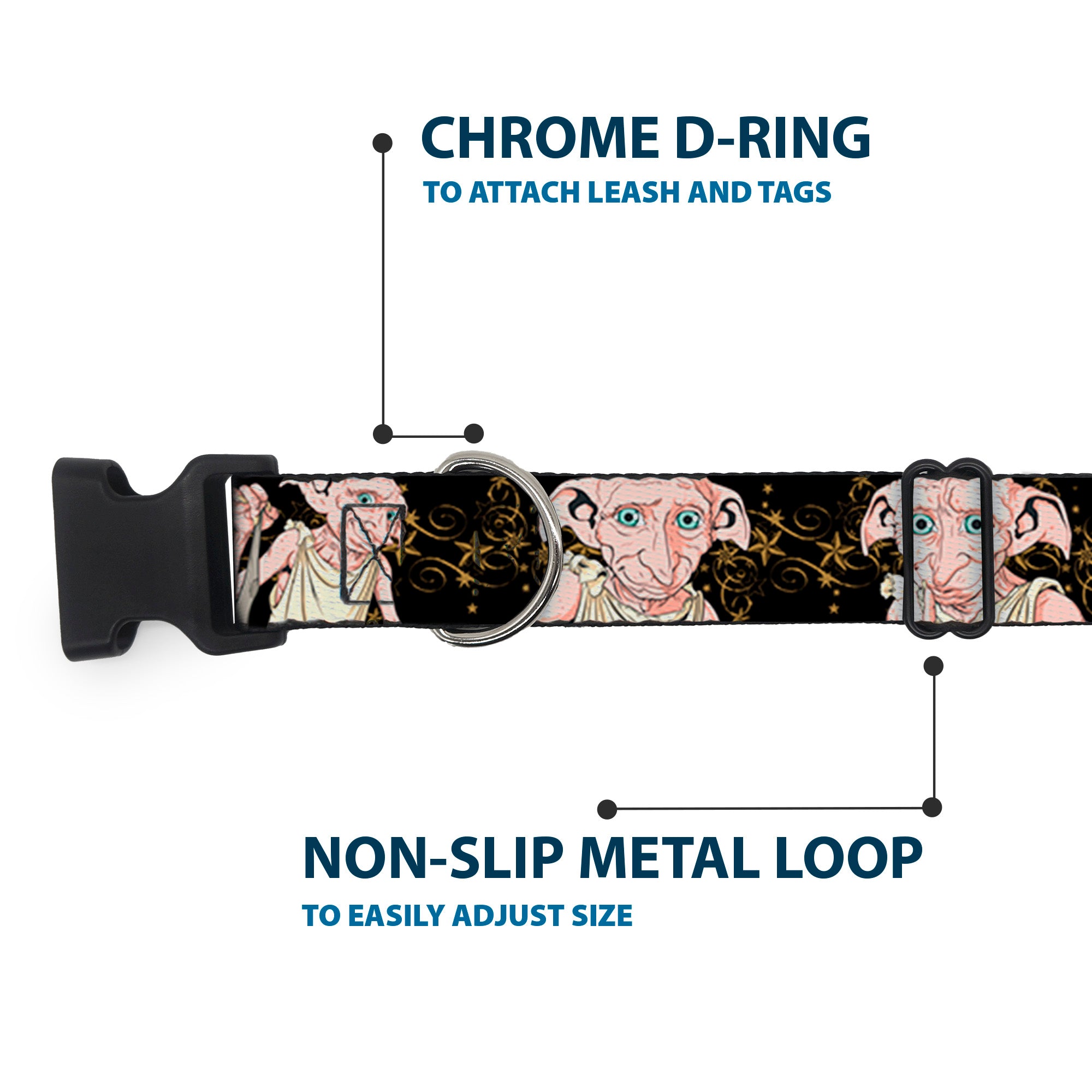 Plastic Clip Collar - DOBBY IS FREE/3-Dobby Poses Star Swirls Black/Gold/White Plastic Clip Collars Harry Potter