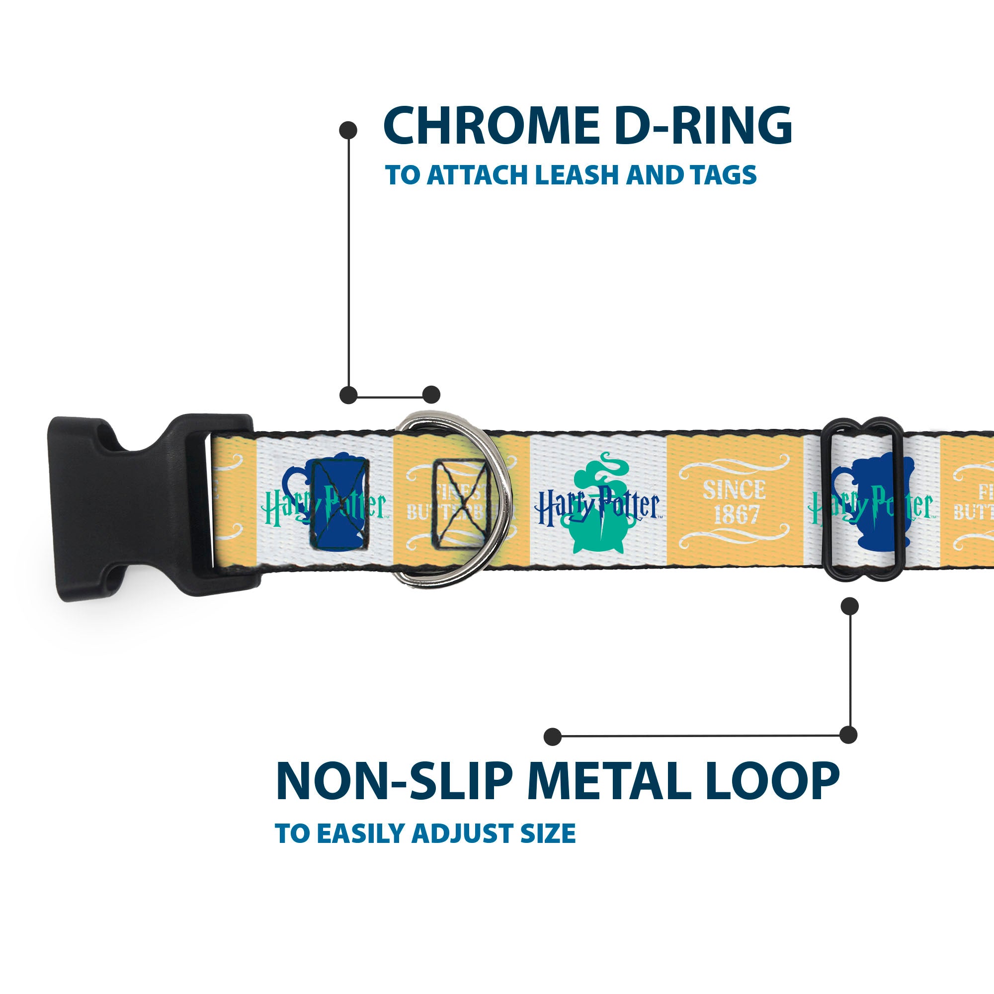 Plastic Clip Collar - Harry Potter FINEST BUTTERBEER SINCE 1867 Icon Blocks Yellow/White/Blues Plastic Clip Collars Harry Potter