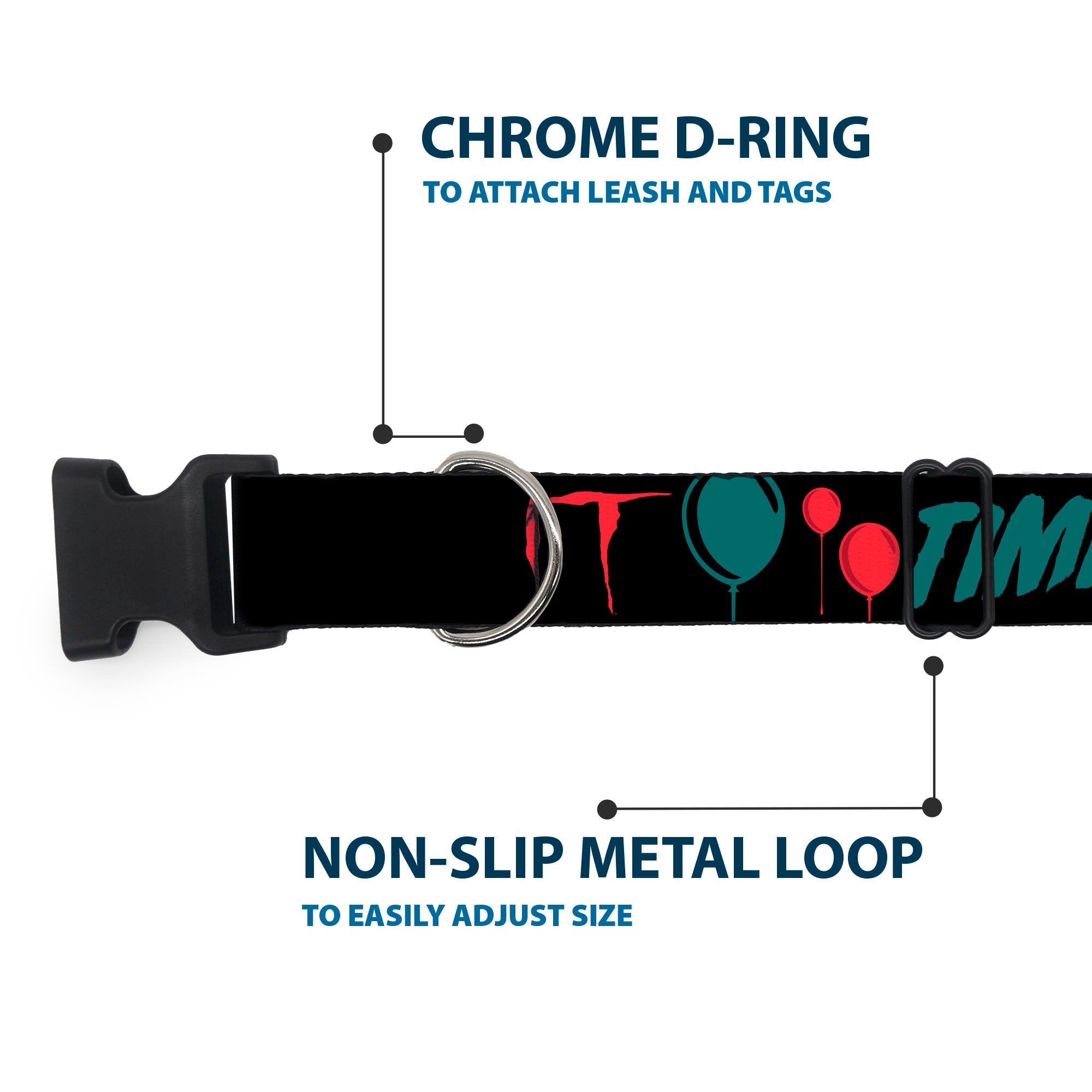 Plastic Clip Collar - IT Pennywise Face and Balloons TIME TO FLOAT Black/Blues/Reds