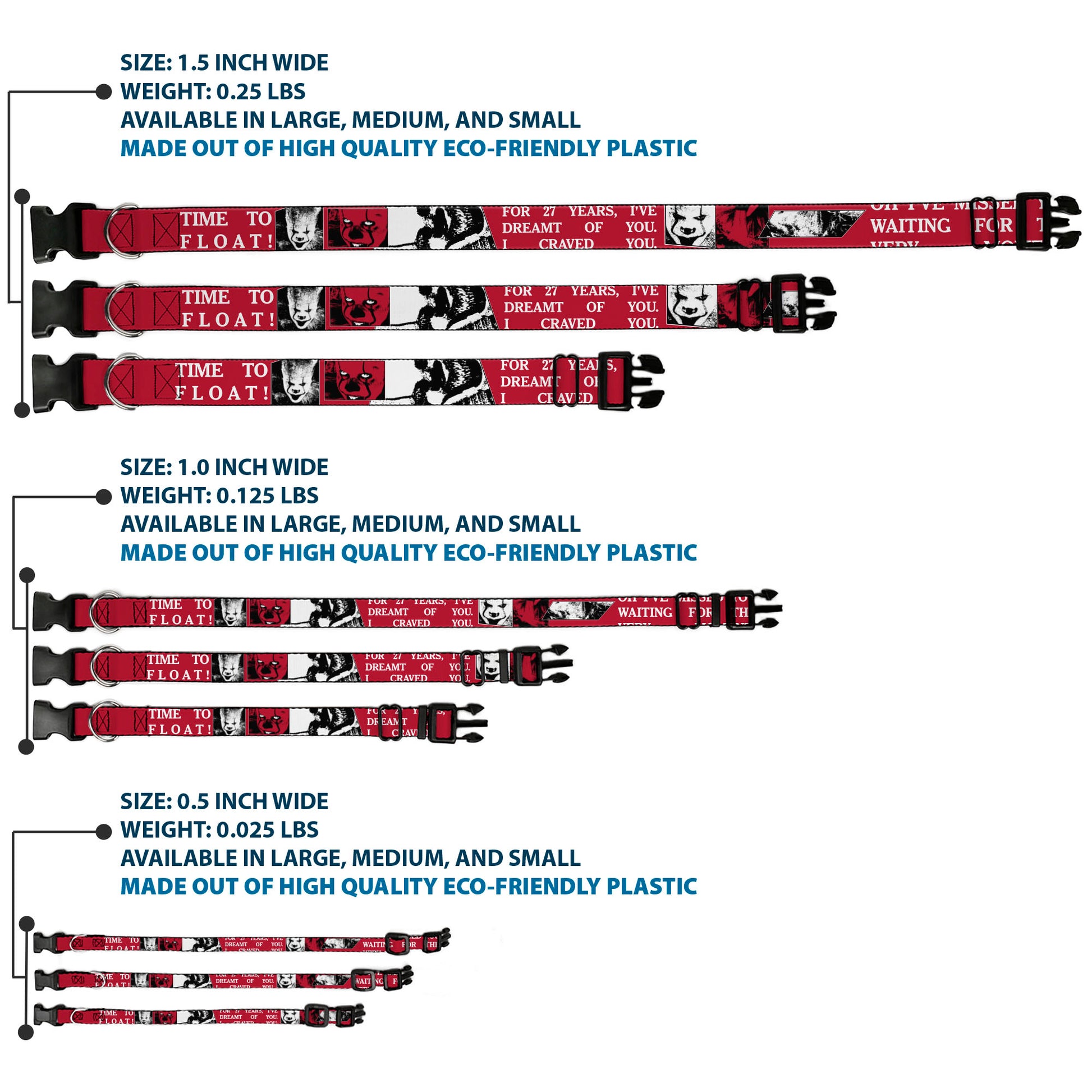 Plastic Clip Collar - IT Pennywise Poses and Quotes Collage Red/White/Grays Plastic Clip Collars IT