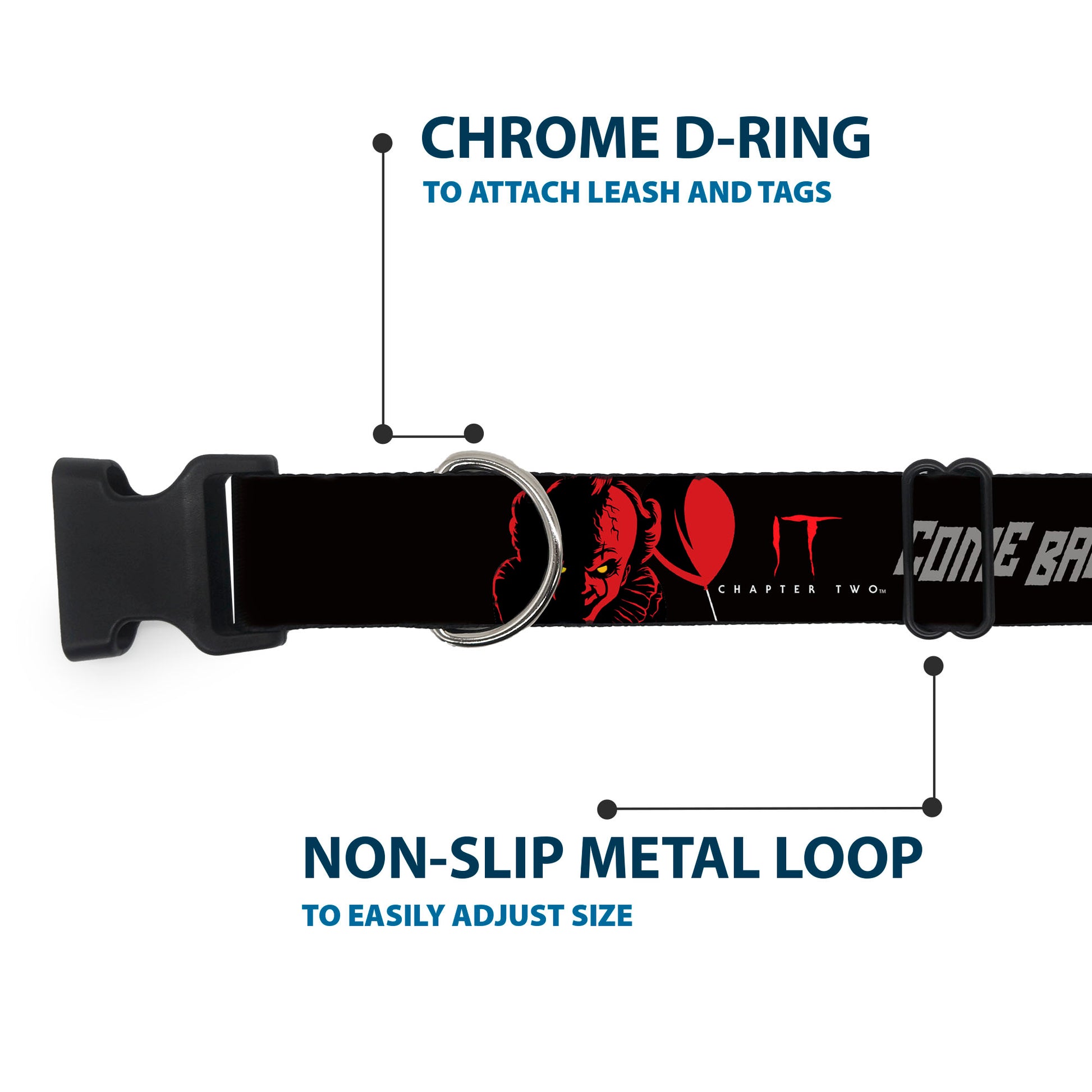 Plastic Clip Collar - IT Pennywise Face COME BACK AND PLAY Black/Red/Gray Plastic Clip Collars IT
