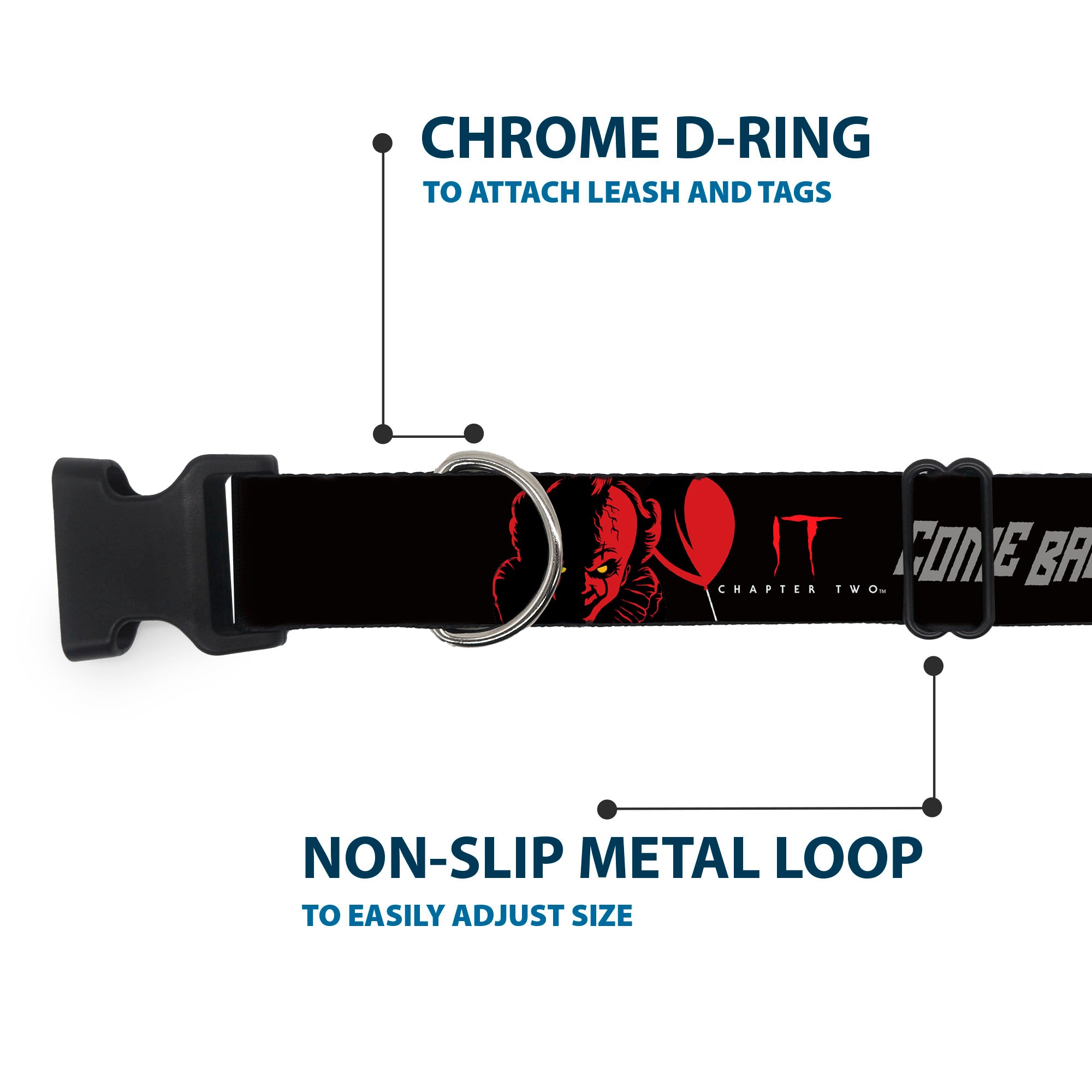 Plastic Clip Collar - IT Pennywise Face COME BACK AND PLAY Black/Red/Gray Plastic Clip Collars IT