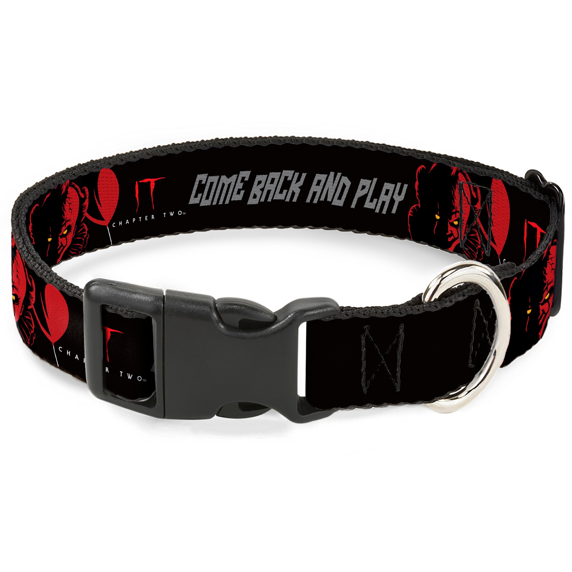 Plastic Clip Collar - IT Pennywise Face COME BACK AND PLAY Black/Red/Gray Plastic Clip Collars IT