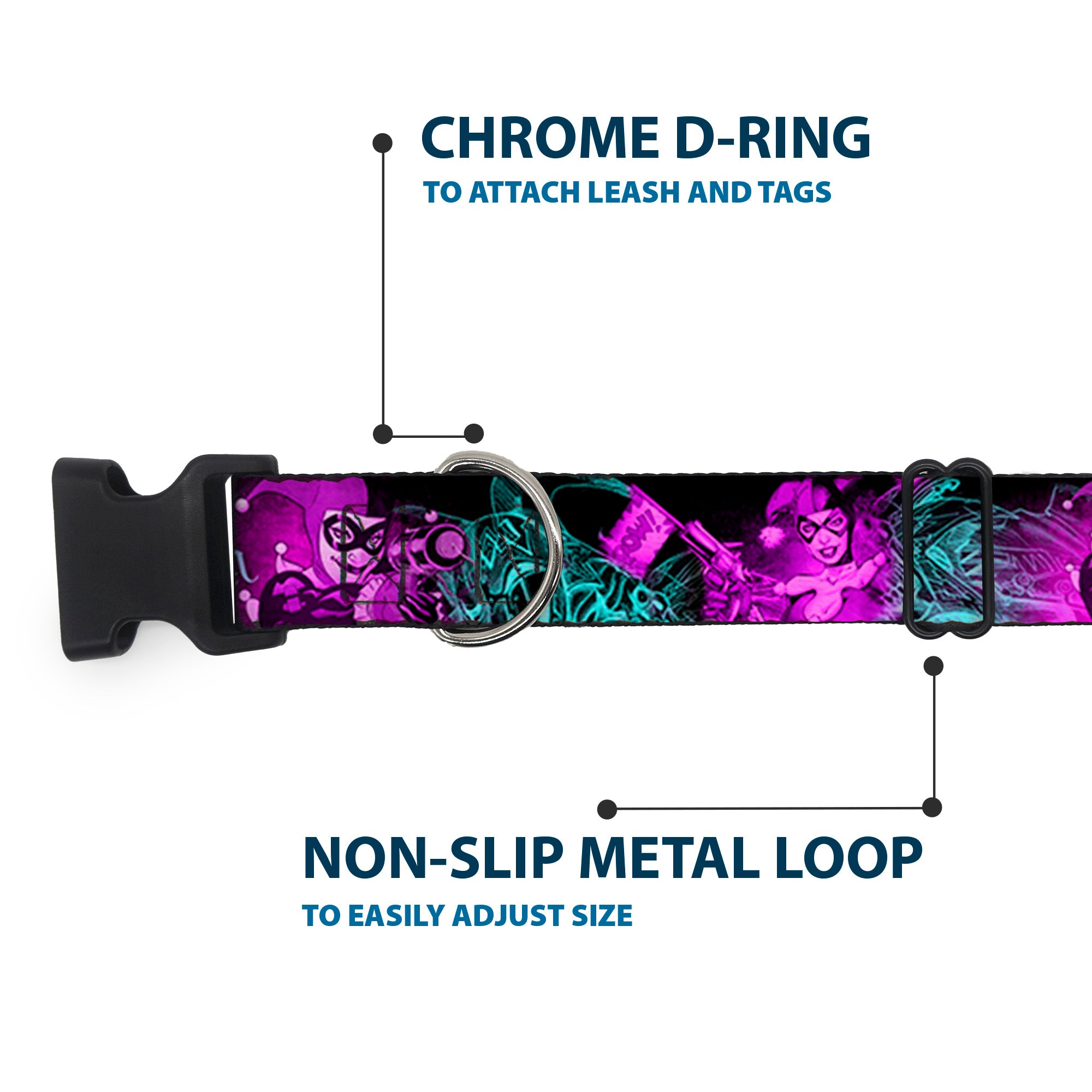 Plastic Clip Collar - HARLEY QUINN Pow & Aiming Poses/Joker Sketch Black/Turquoise/Fuchsia Plastic Clip Collars DC Comics