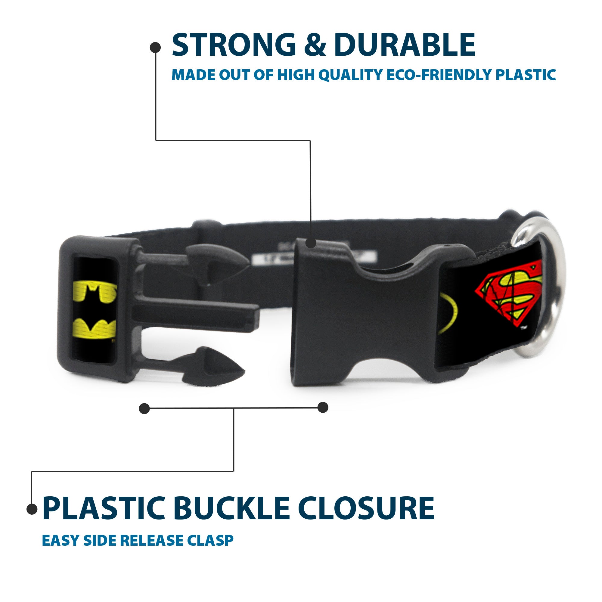 Plastic Clip Collar - Justice League 6-Superhero Logos Black Plastic Clip Collars DC Comics