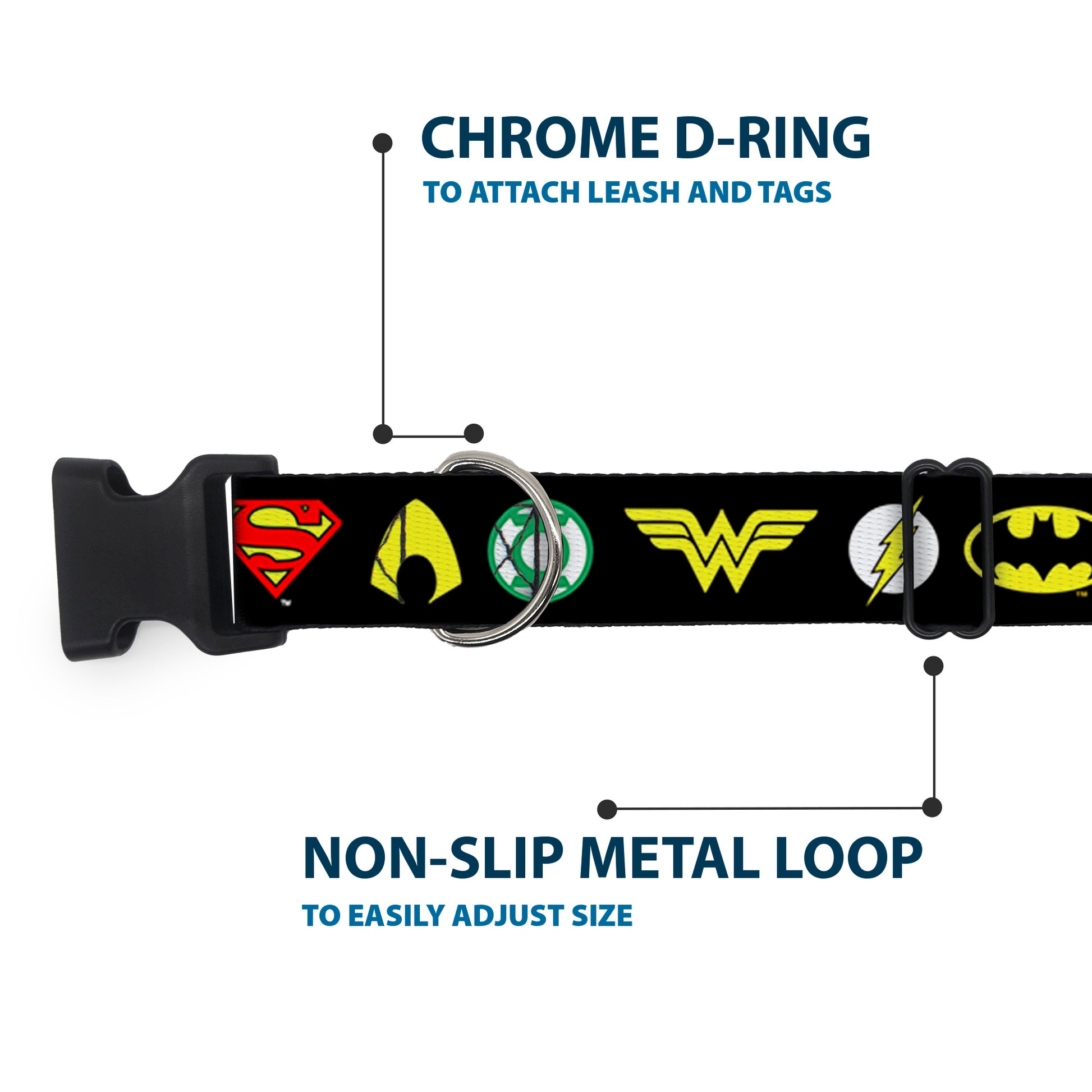 Plastic Clip Collar - Justice League 6-Superhero Logos Black Plastic Clip Collars DC Comics