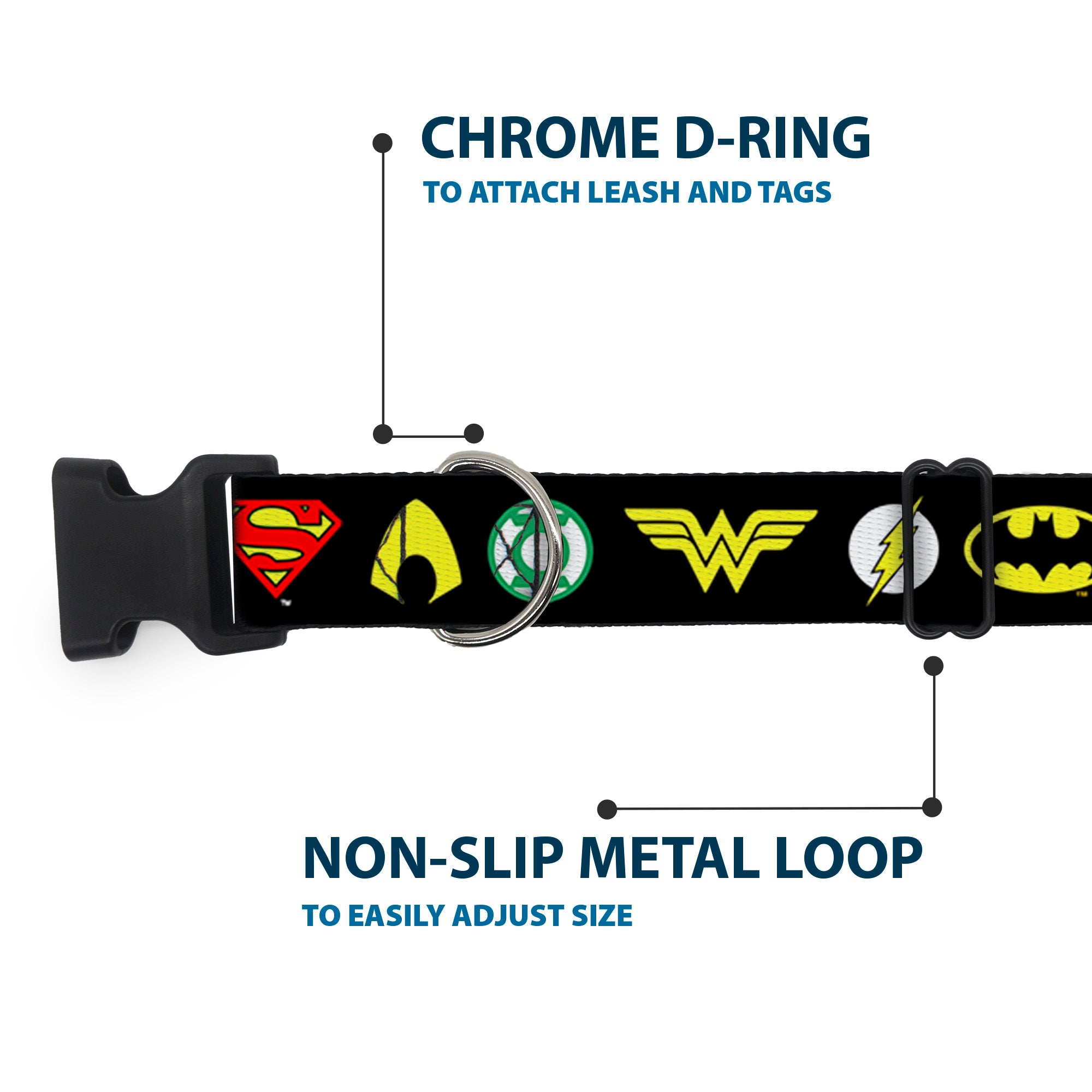 Plastic Clip Collar - Justice League 6-Superhero Logos Black Plastic Clip Collars DC Comics