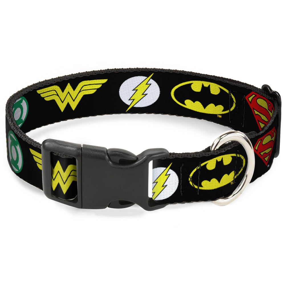 Plastic Clip Collar - Justice League 6-Superhero Logos Black Plastic Clip Collars DC Comics