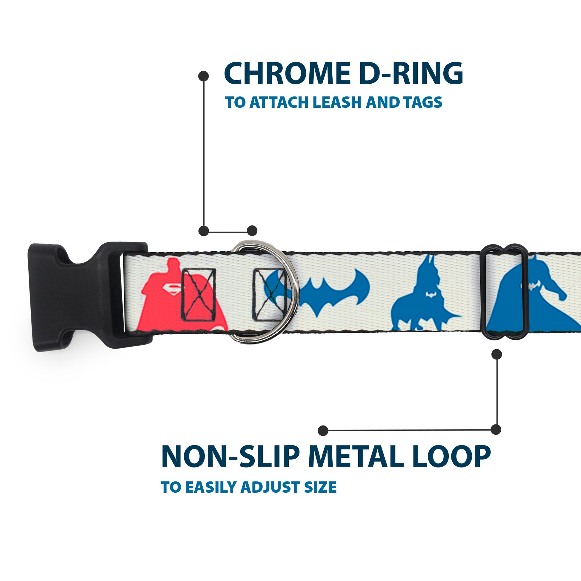 Plastic Clip Collar - DC League of Super-Pets Superhero with Pets and Logos Silhouette White/Multi Color Plastic Clip Collars DC Comics