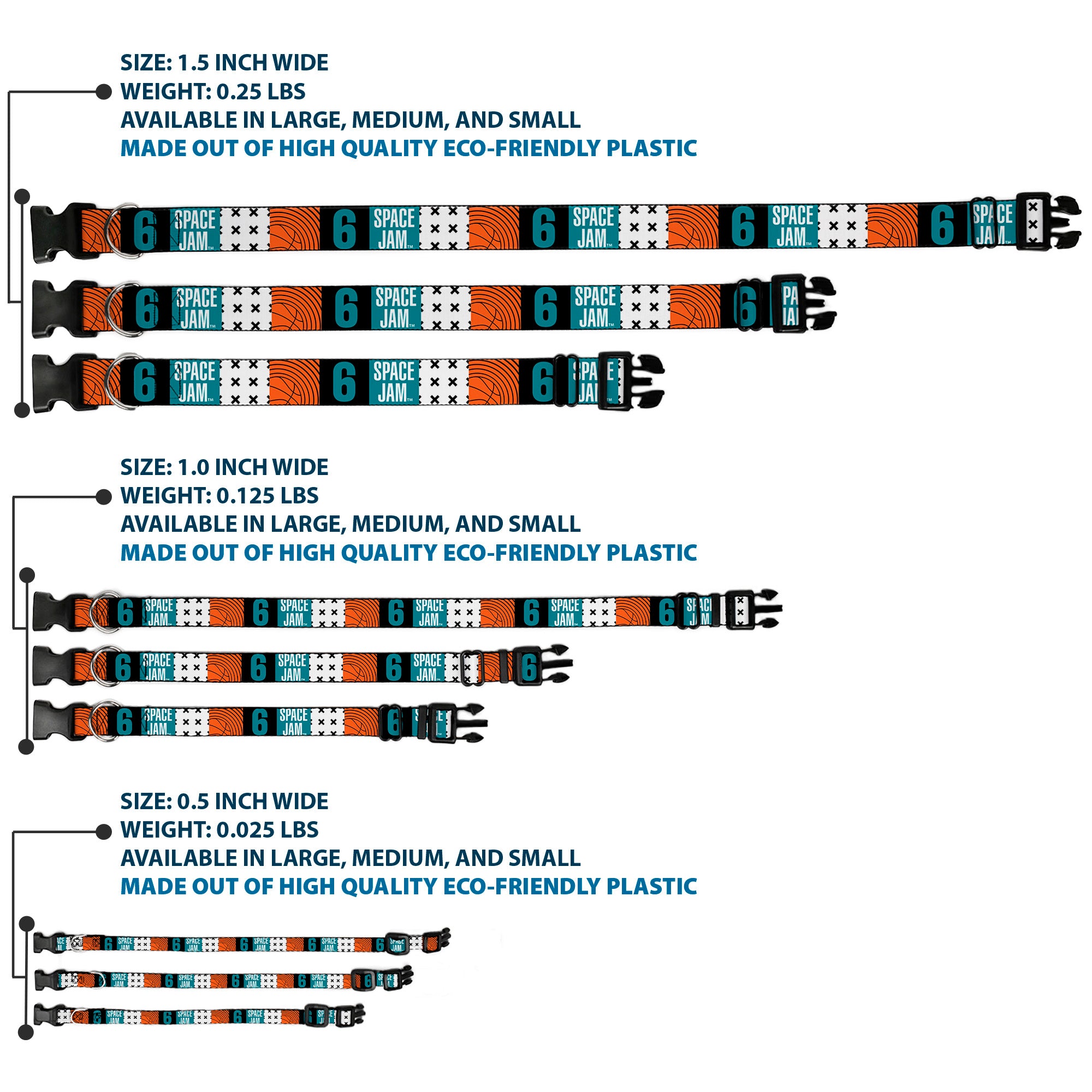 Plastic Clip Collar - SPACE JAM Number 6 Blocks Black/Turquoise/White/Red Plastic Clip Collars Looney Tunes