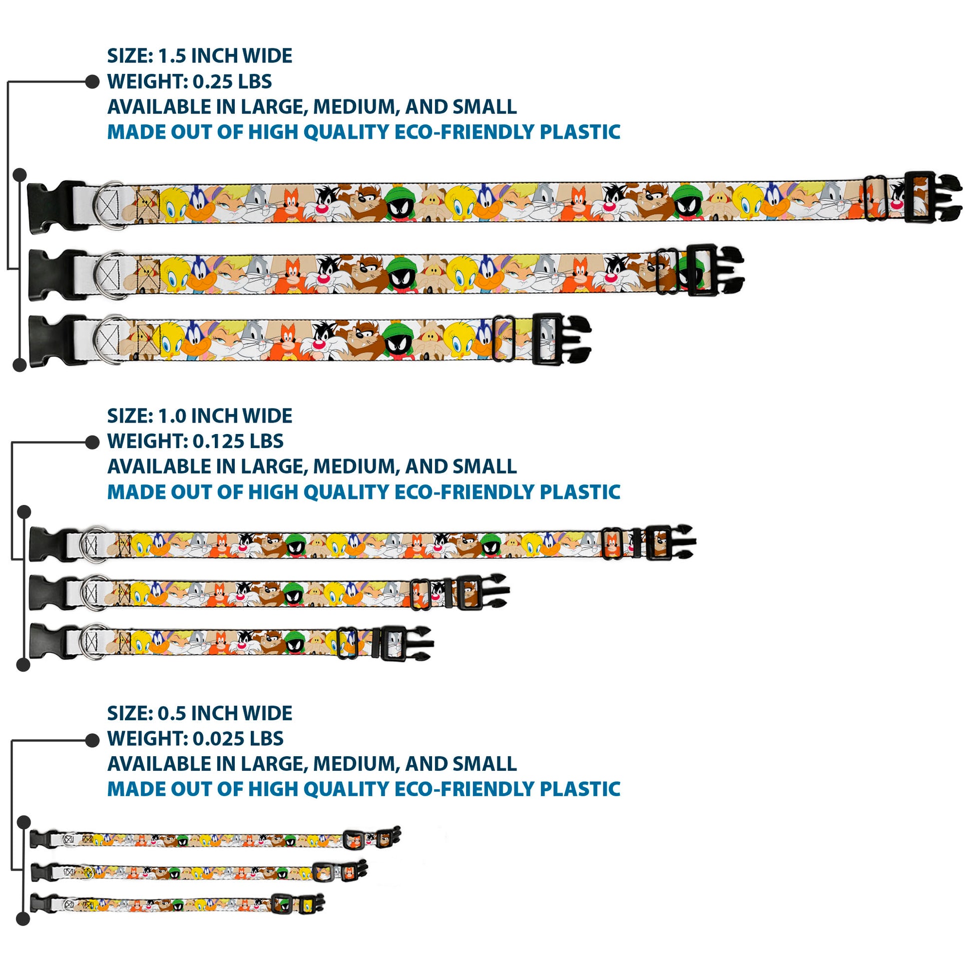 Plastic Clip Collar - Looney Tunes Nine Character Faces White Plastic Clip Collars Looney Tunes