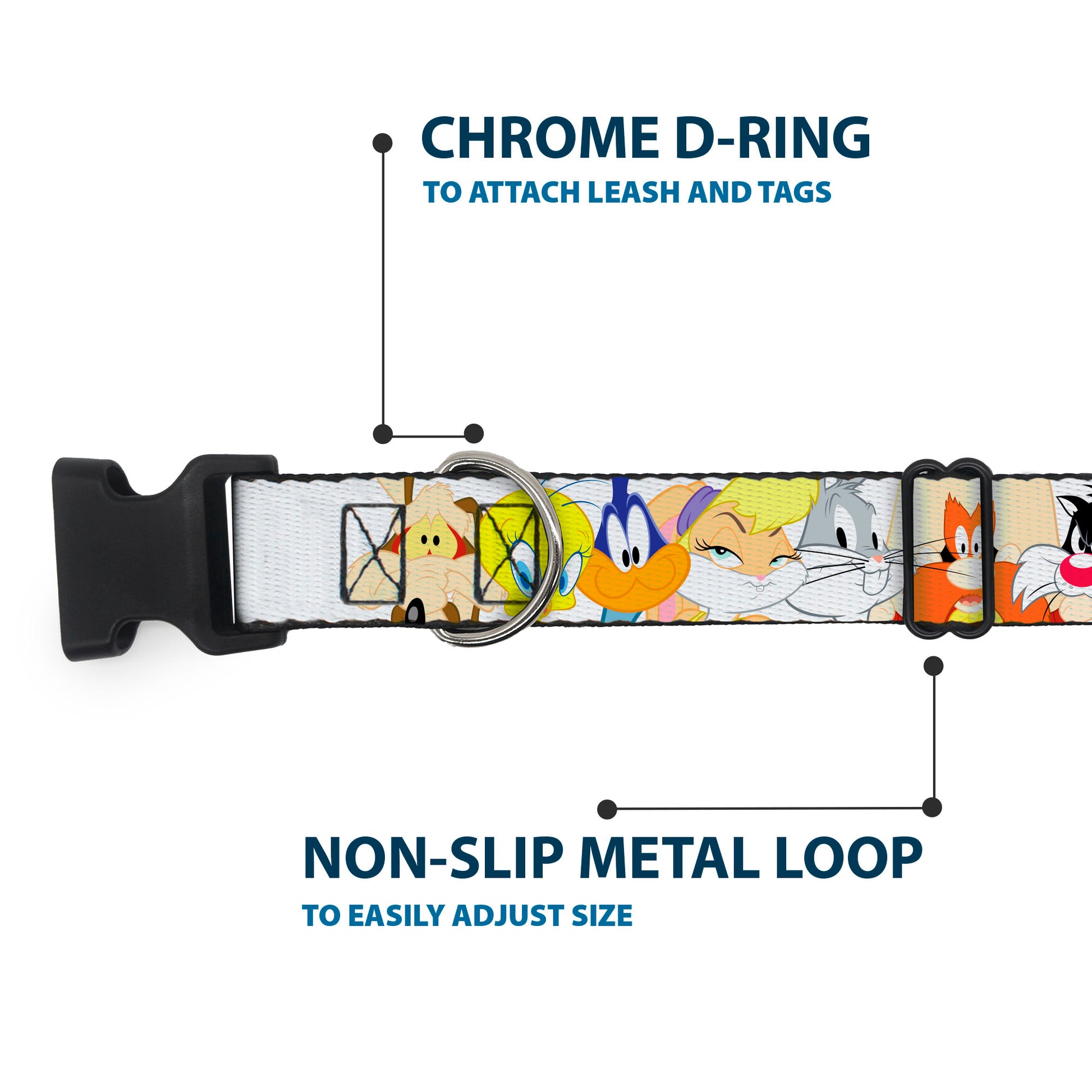 Plastic Clip Collar - Looney Tunes Nine Character Faces White Plastic Clip Collars Looney Tunes