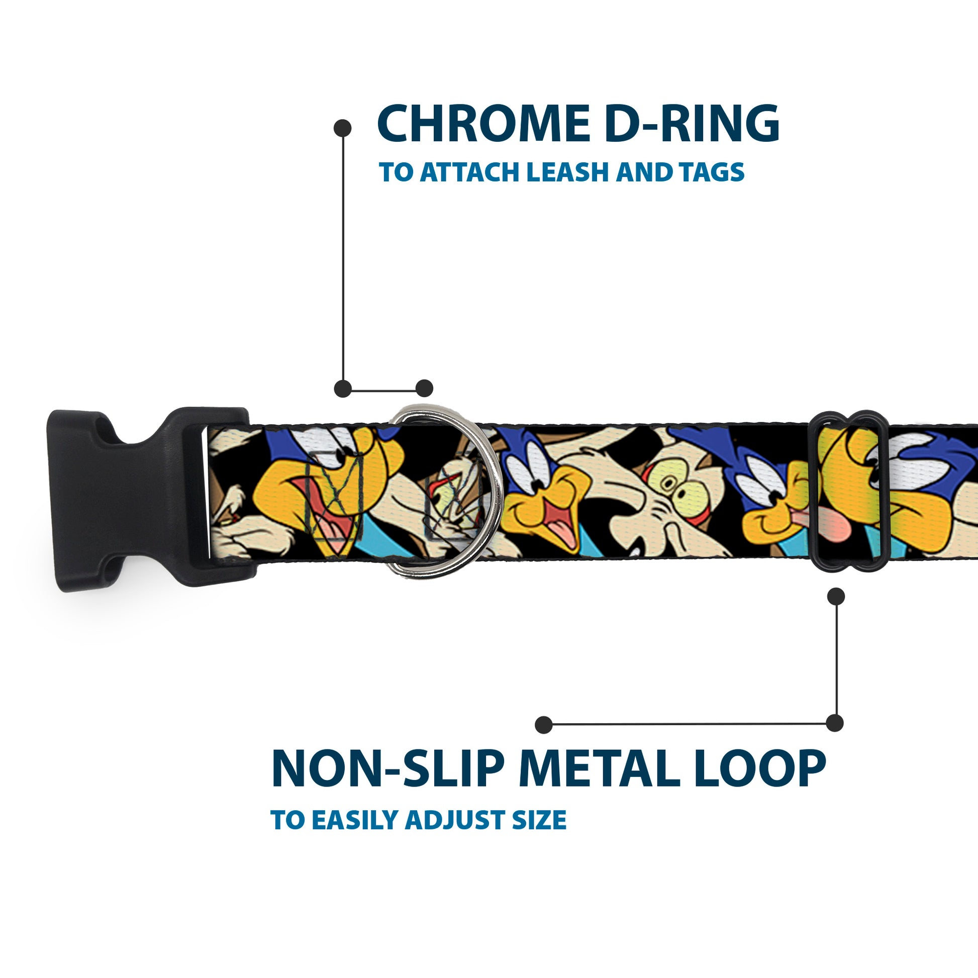 Plastic Clip Collar - Road Runner/Wile E. Coyote Expressions Stacked Black Plastic Clip Collars Looney Tunes