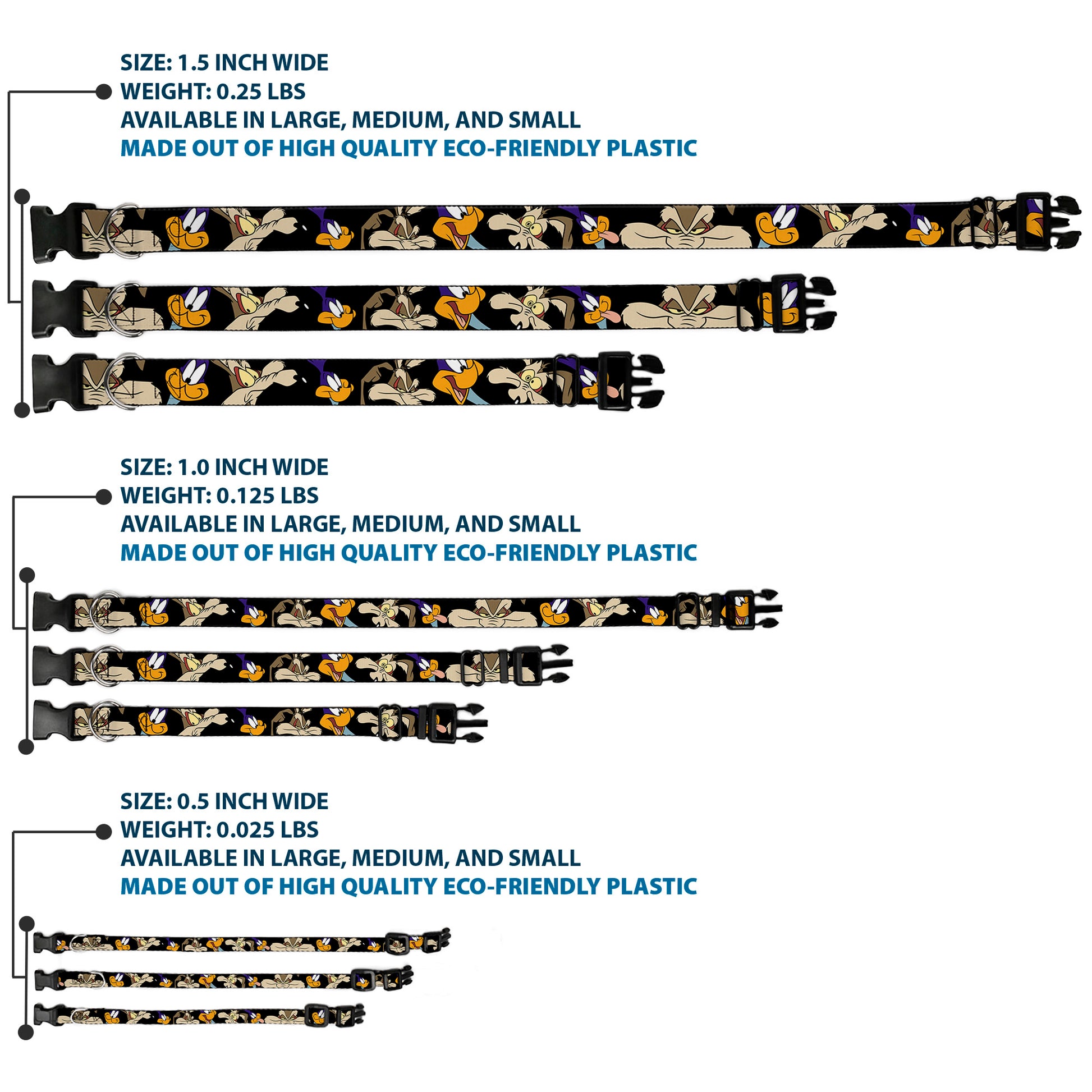 Plastic Clip Collar - Road Runner/Wile E. Coyote Expressions CLOSE-UP Black Plastic Clip Collars Looney Tunes