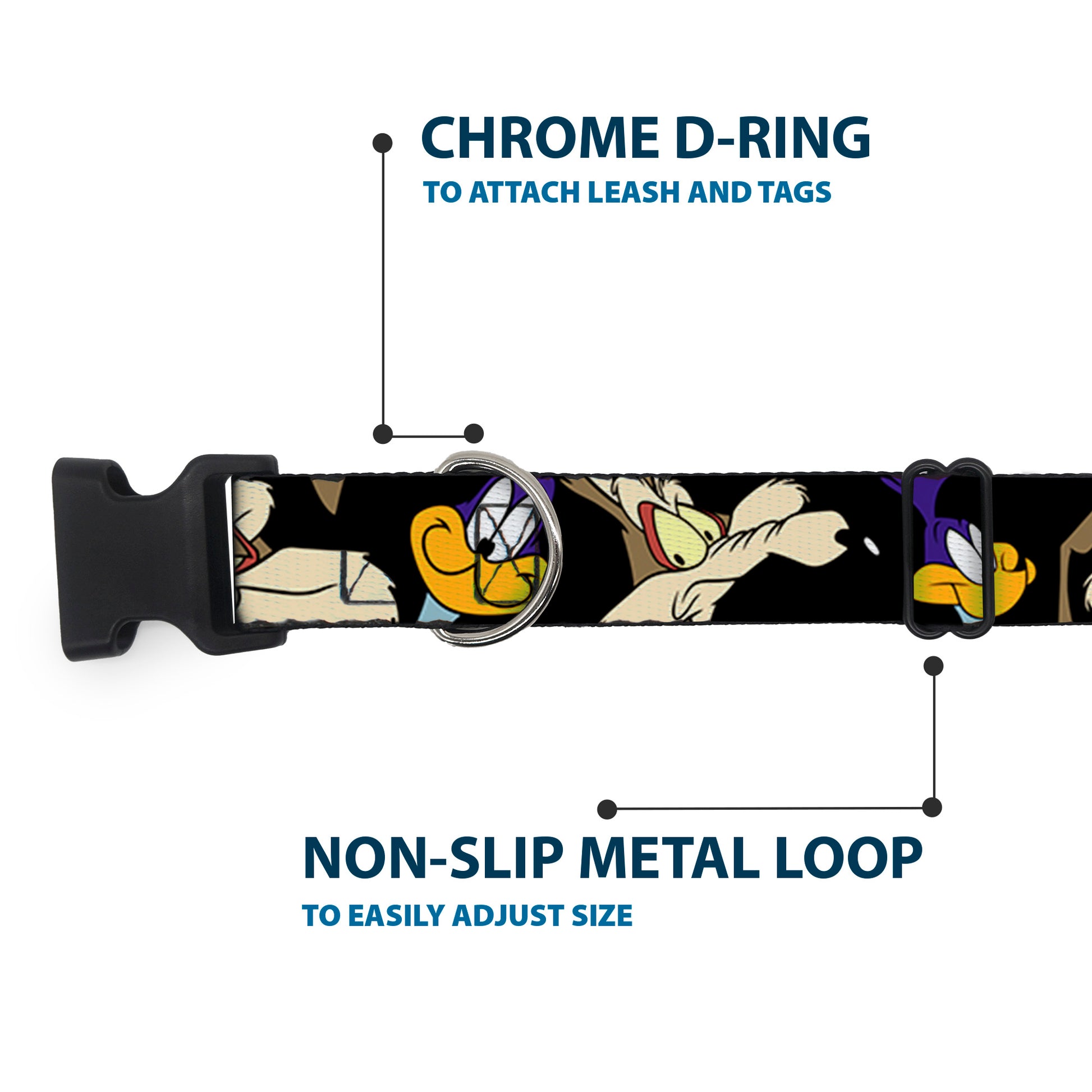 Plastic Clip Collar - Road Runner/Wile E. Coyote Expressions CLOSE-UP Black Plastic Clip Collars Looney Tunes