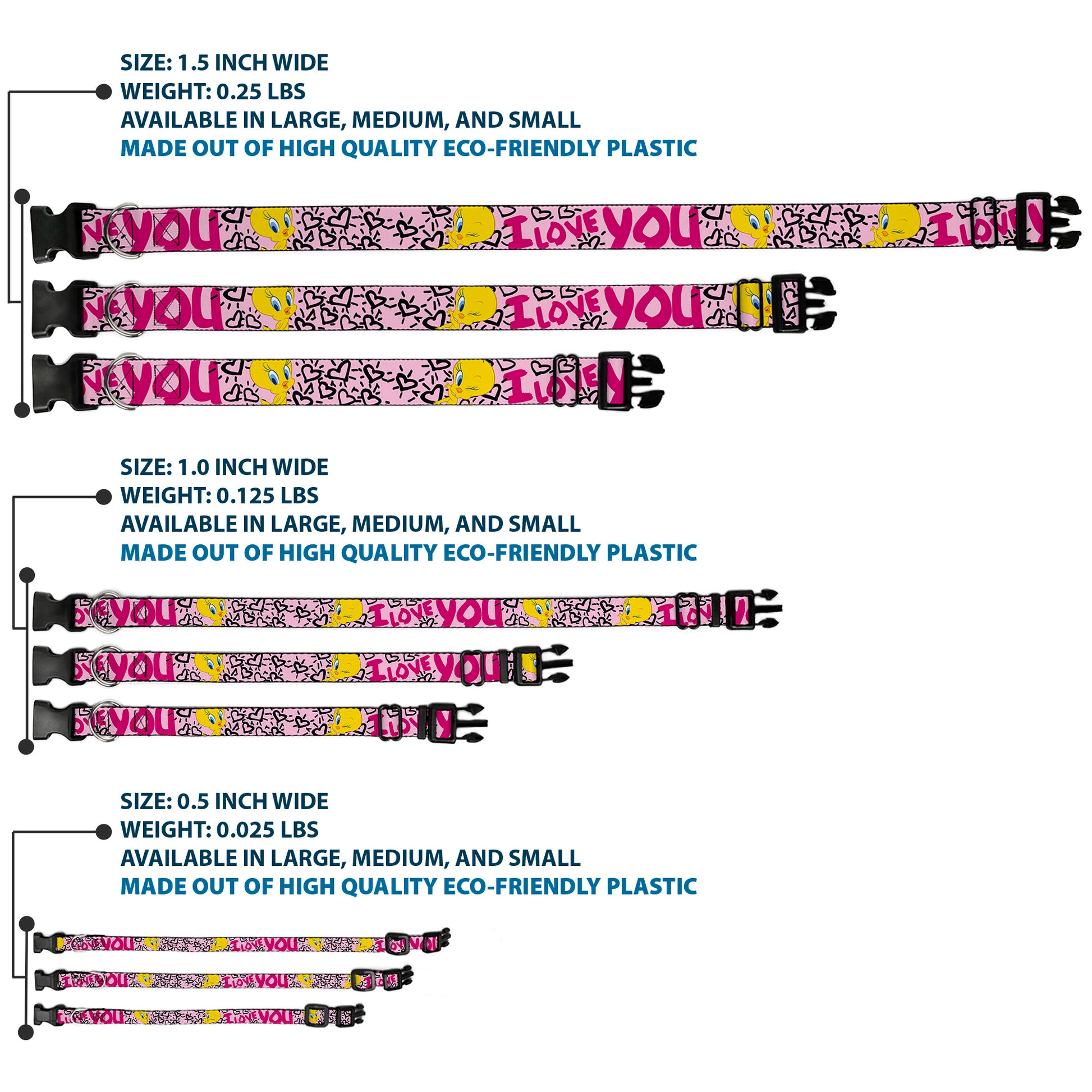 Plastic Clip Collar - Tweety Bird I LOVE YOU Pink/Black Plastic Clip Collars Looney Tunes