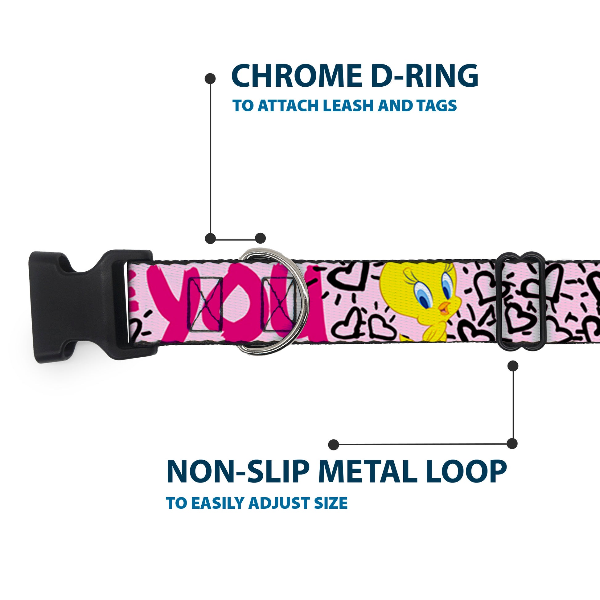 Plastic Clip Collar - Tweety Bird I LOVE YOU Pink/Black Plastic Clip Collars Looney Tunes