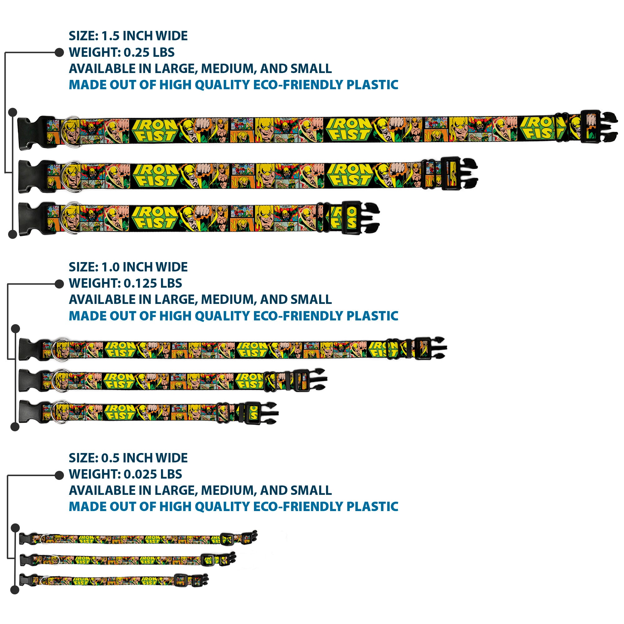 Plastic Clip Collar - Retro IRON FIST Action Pose/Comic Scene Blocks Black/Green/Yellow Plastic Clip Collars Marvel Comics