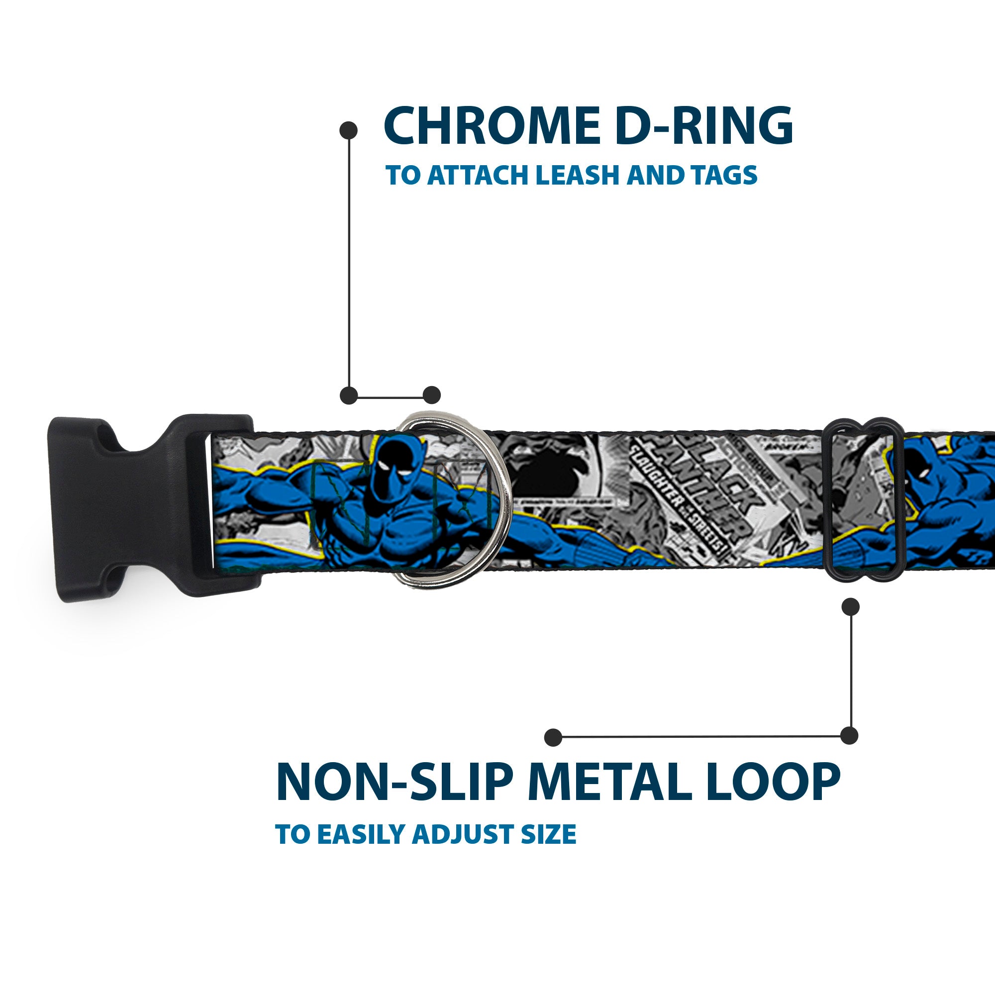 Plastic Clip Collar - BLACK PANTHER Action Poses/Stacked Comics Grays/Yellow/Blue/Red Plastic Clip Collars Marvel Comics