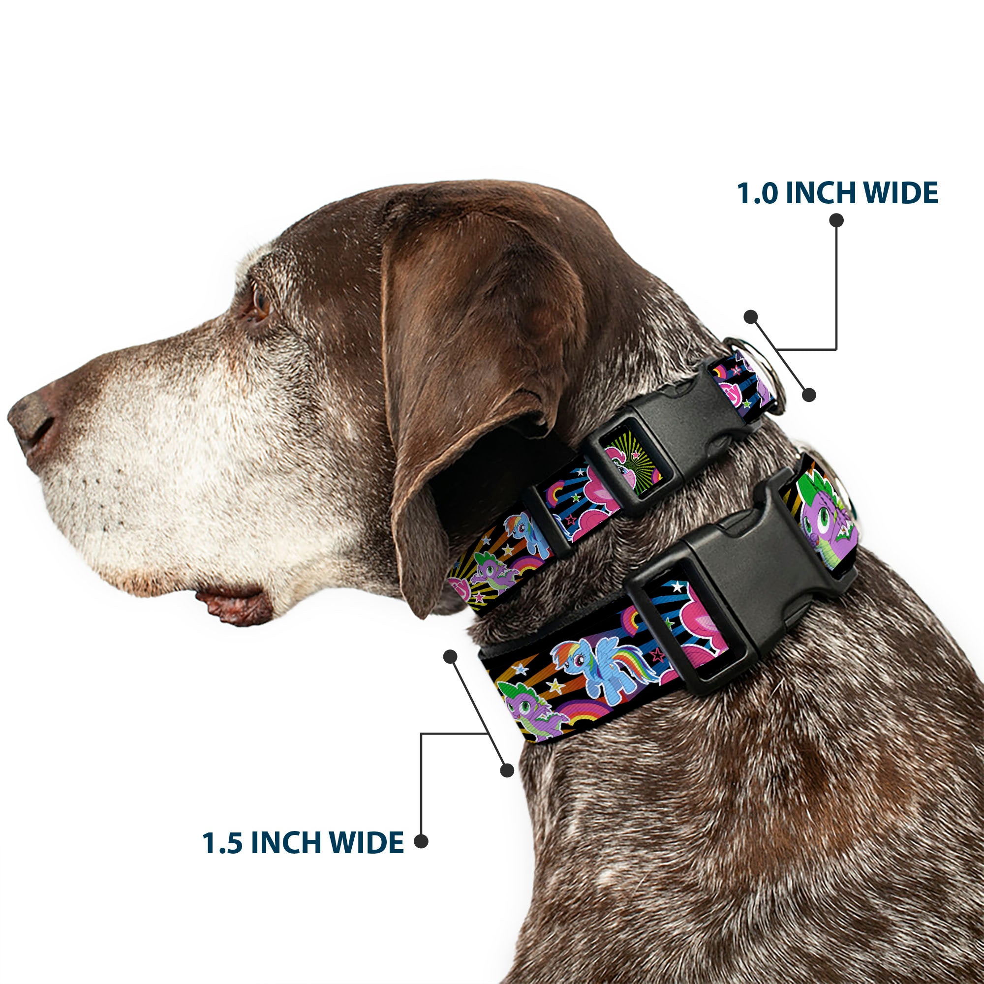 Plastic Clip Collar - My Little Pony Three Ponies and Spike Sunburst Collage Black/Multi Color Plastic Clip Collars My Little Pony