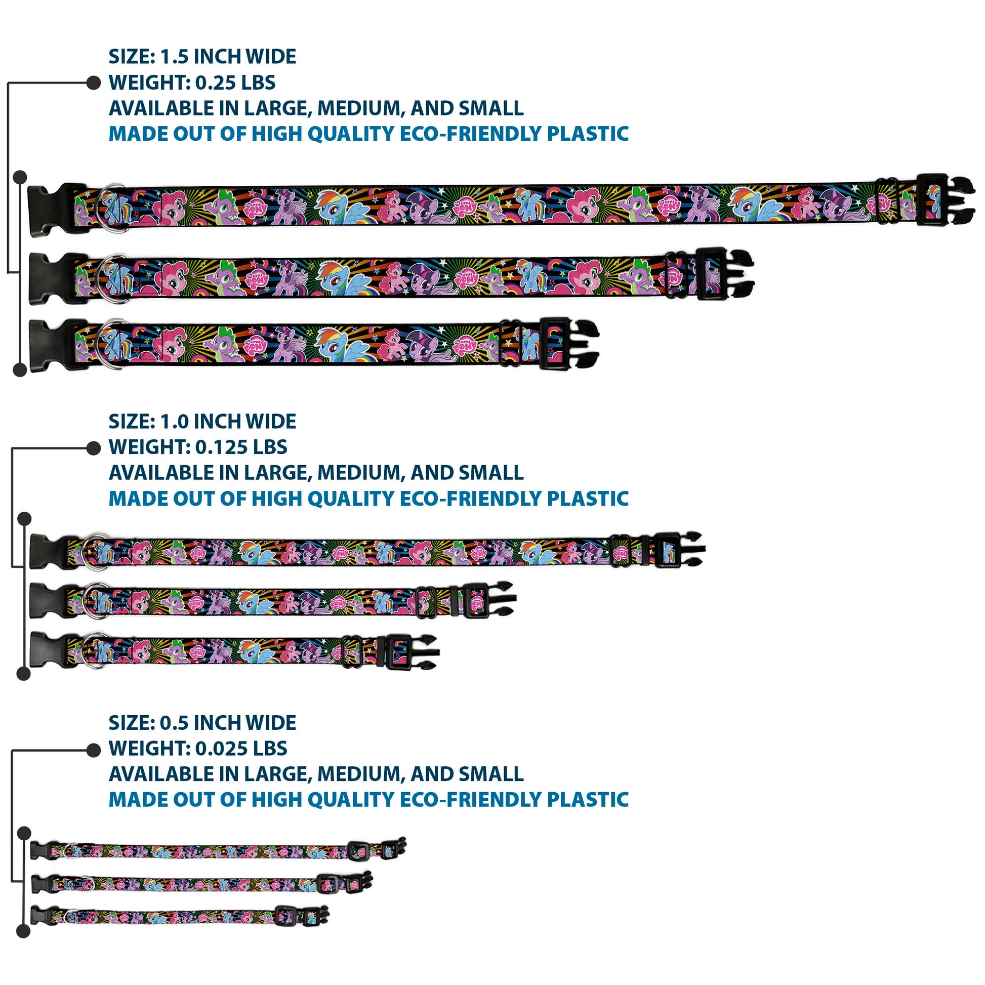 Plastic Clip Collar - My Little Pony Three Ponies and Spike Sunburst Collage Black/Multi Color Plastic Clip Collars My Little Pony