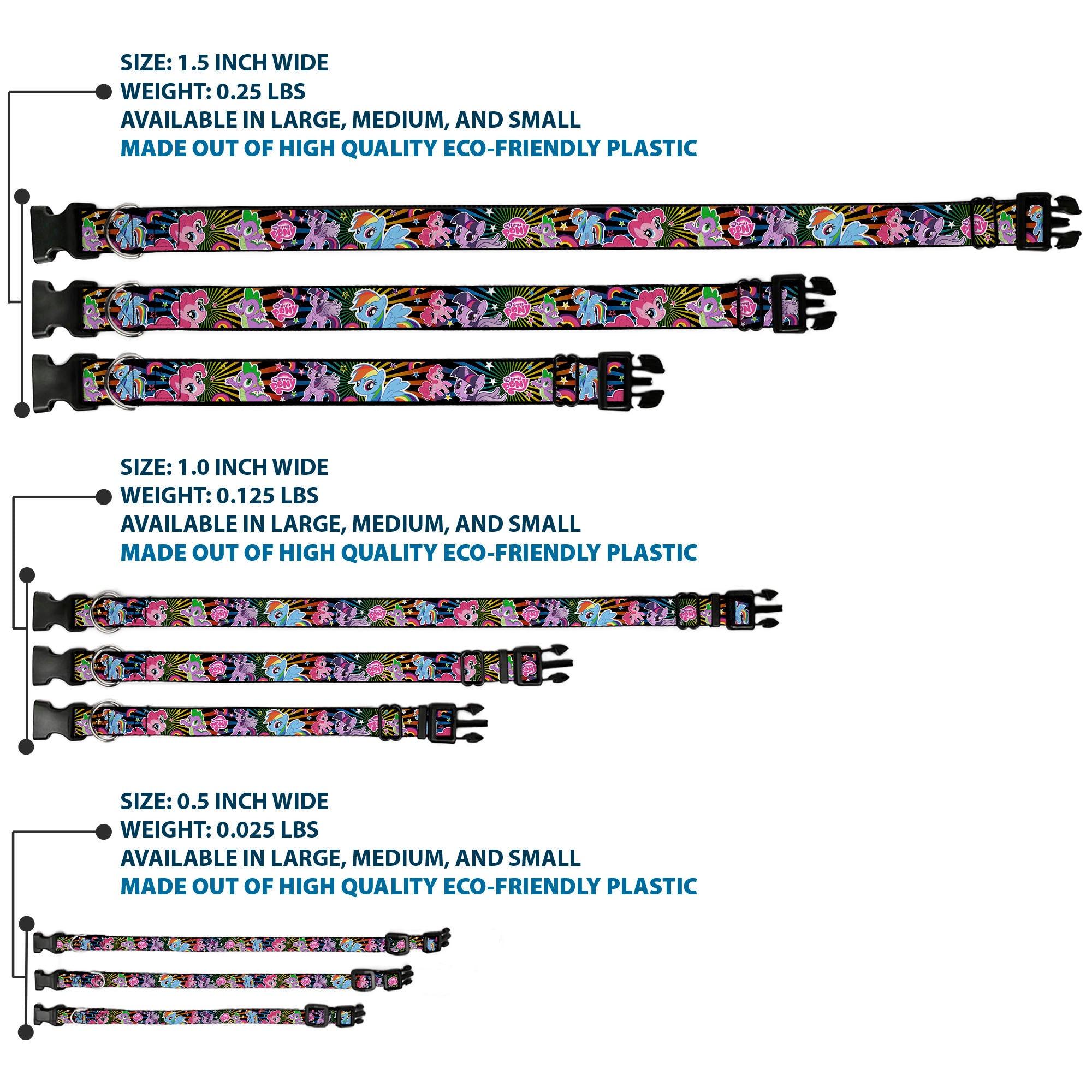 Plastic Clip Collar - My Little Pony Three Ponies and Spike Sunburst Collage Black/Multi Color Plastic Clip Collars My Little Pony