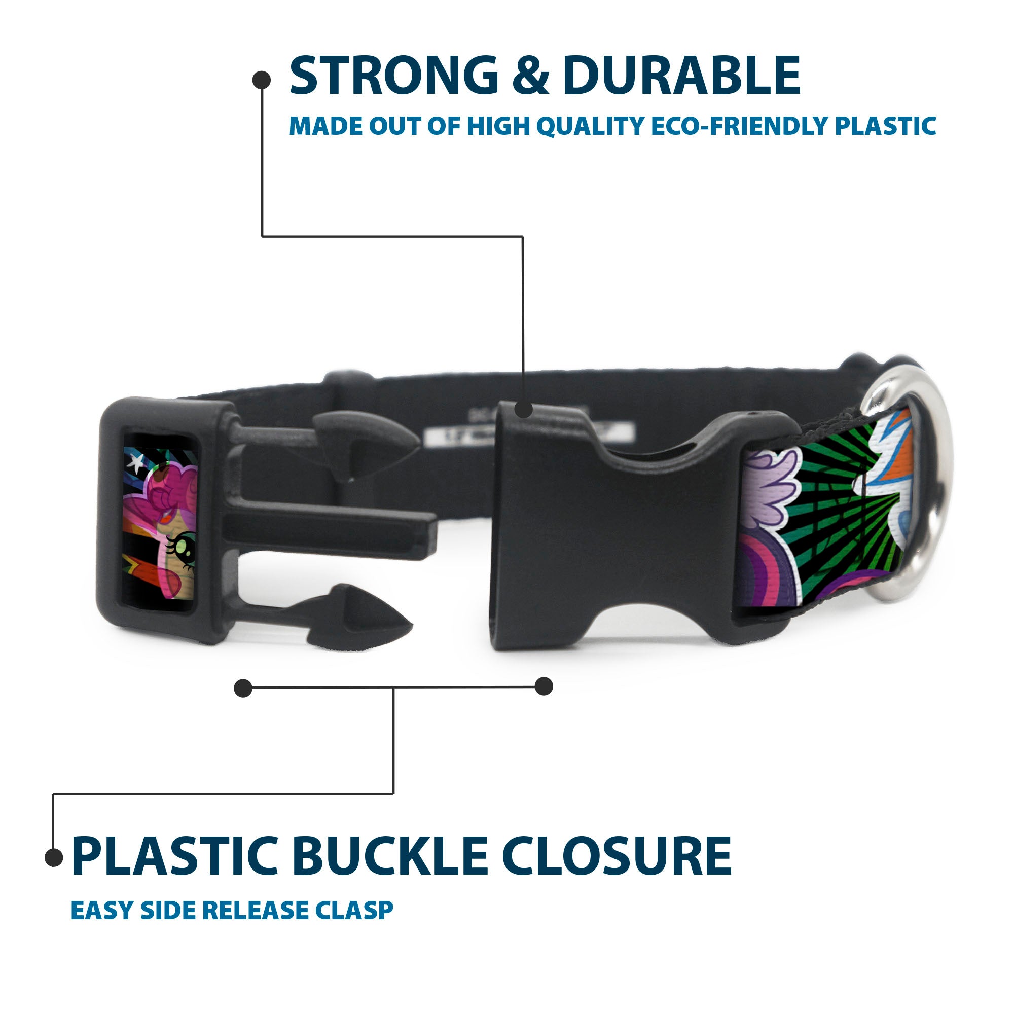 Plastic Clip Collar - My Little Pony Three Ponies and Spike Sunburst Collage Black/Multi Color Plastic Clip Collars My Little Pony