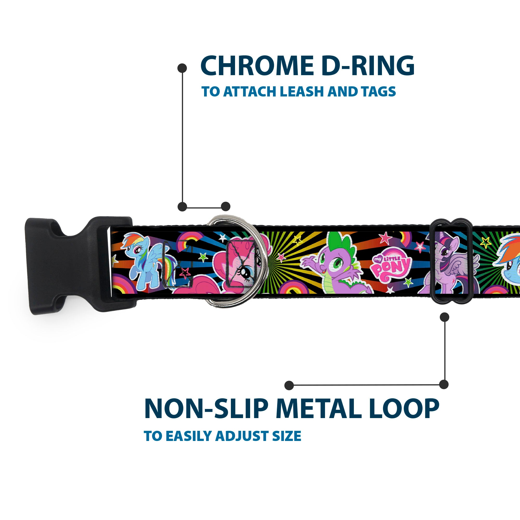 Plastic Clip Collar - My Little Pony Three Ponies and Spike Sunburst Collage Black/Multi Color Plastic Clip Collars My Little Pony