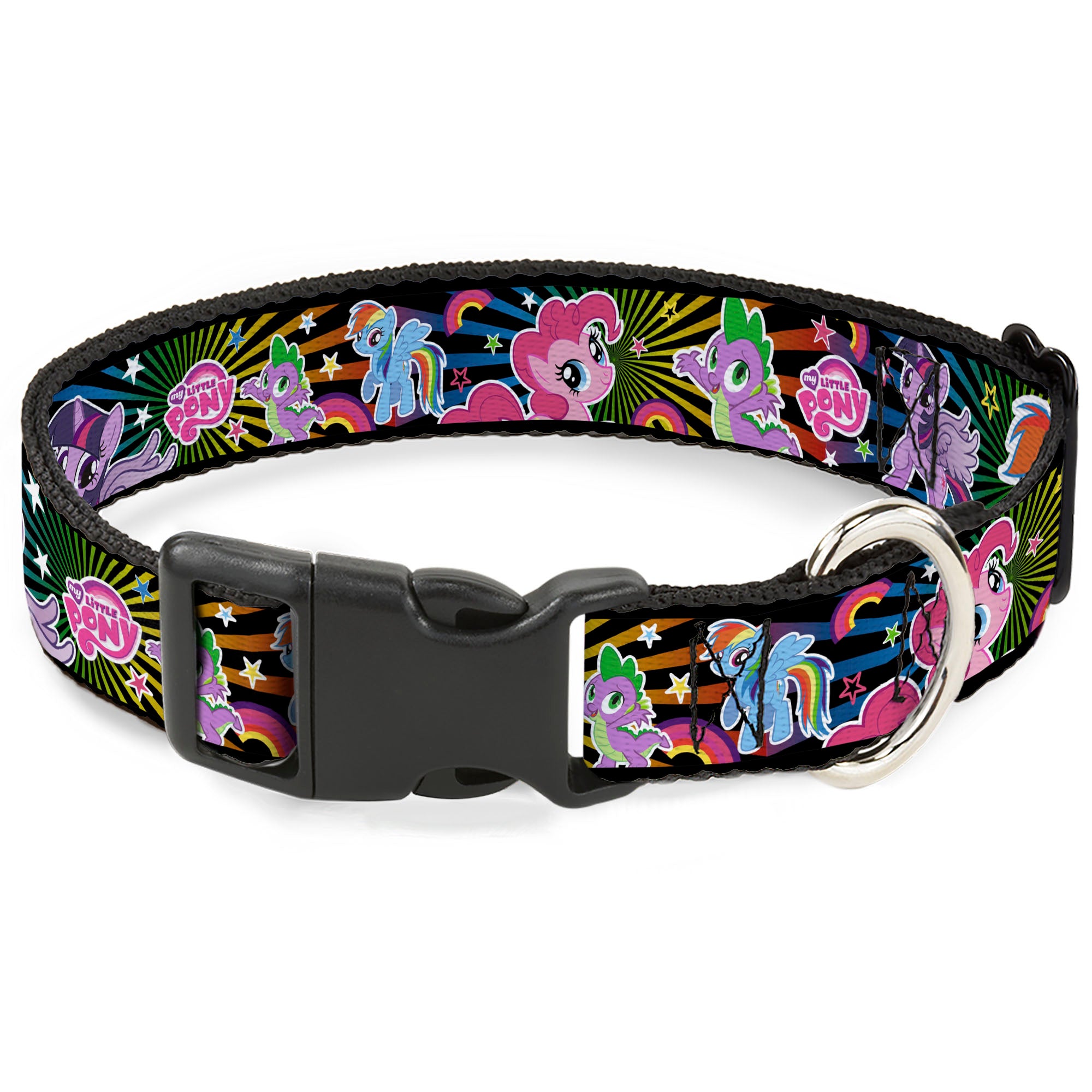 Plastic Clip Collar - My Little Pony Three Ponies and Spike Sunburst Collage Black/Multi Color Plastic Clip Collars My Little Pony
