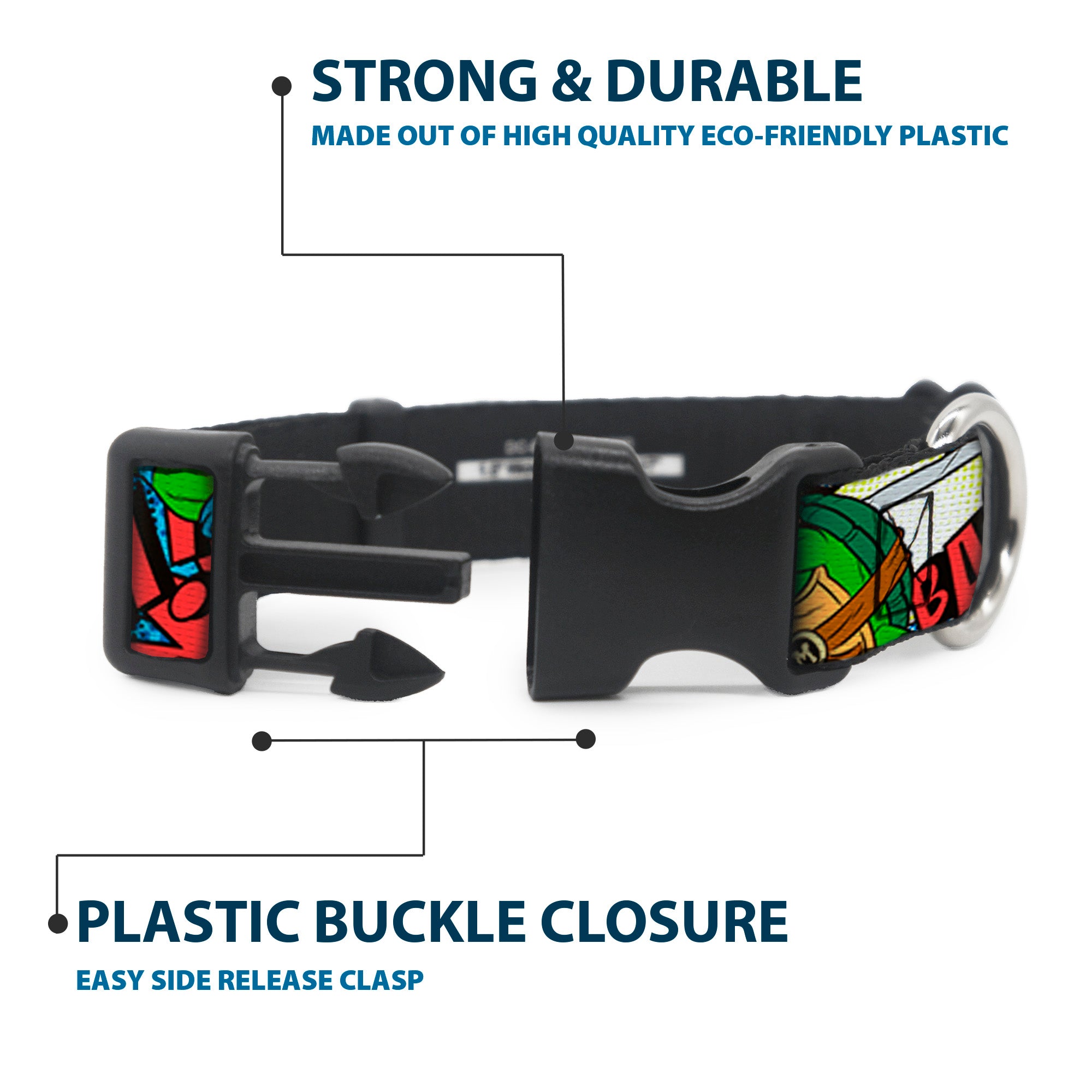 Plastic Clip Collar - Classic Teenage Mutant Ninja Turtles Action Poses/Action Bubbles Dots Blues Plastic Clip Collars Teenage Mutant Ninja Turtles