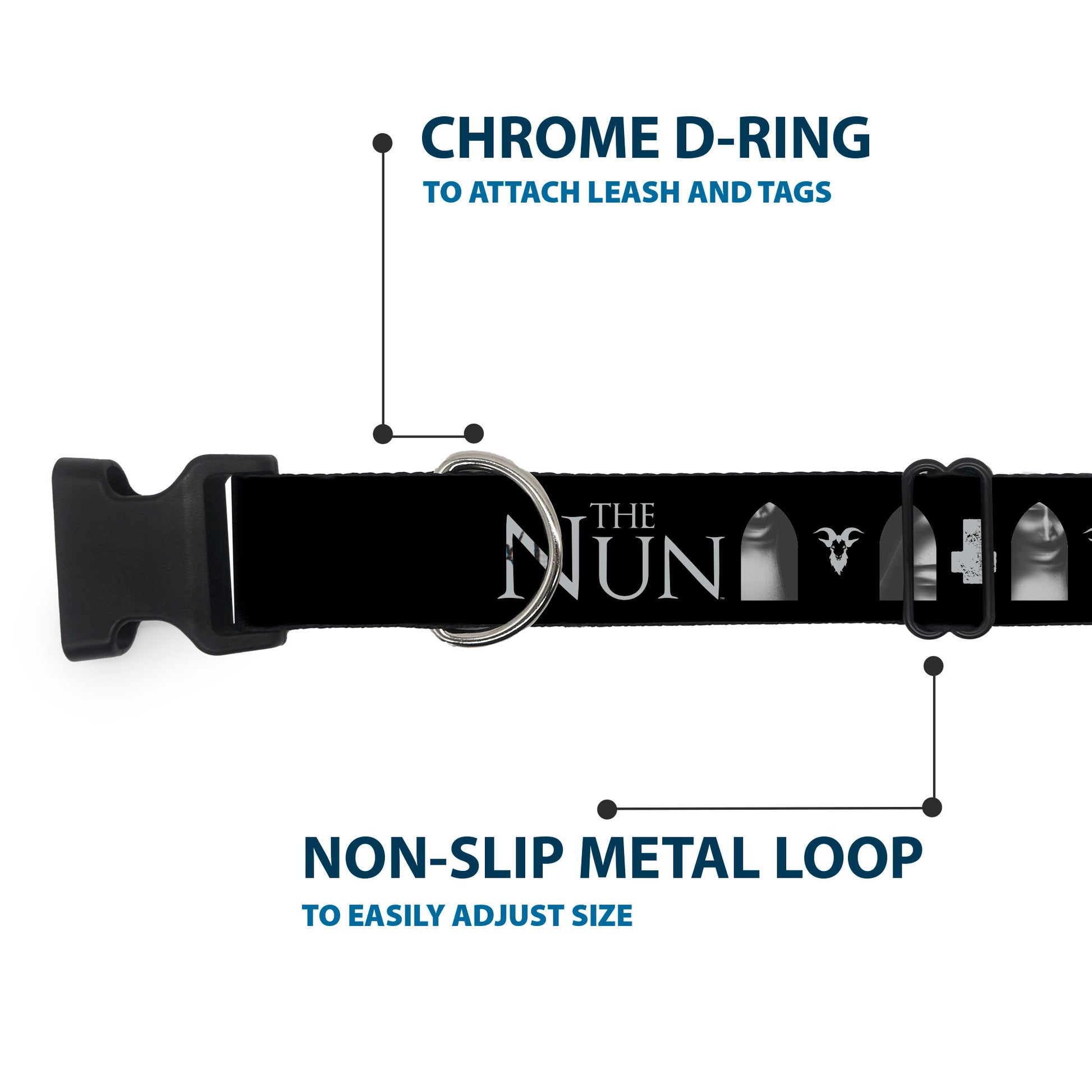 Plastic Clip Collar - THE NUN Demon Nun Valak Face with Icons and Title Logo Black/Grays Plastic Clip Collars The Nun