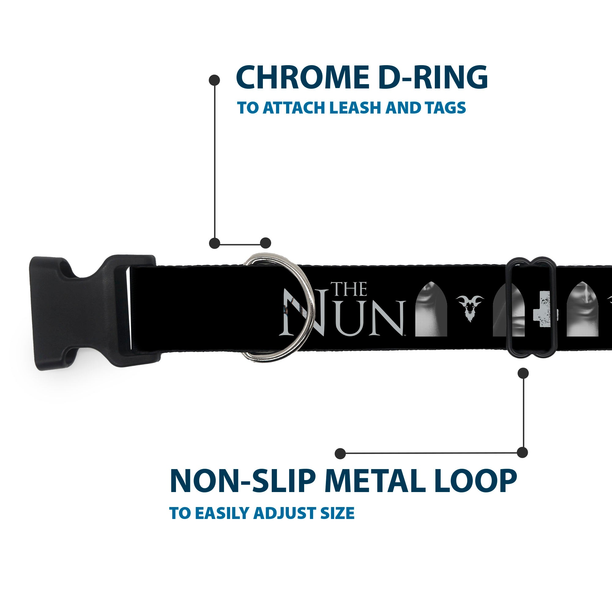Plastic Clip Collar - THE NUN Demon Nun Valak Face with Icons and Title Logo Black/Grays Plastic Clip Collars The Nun