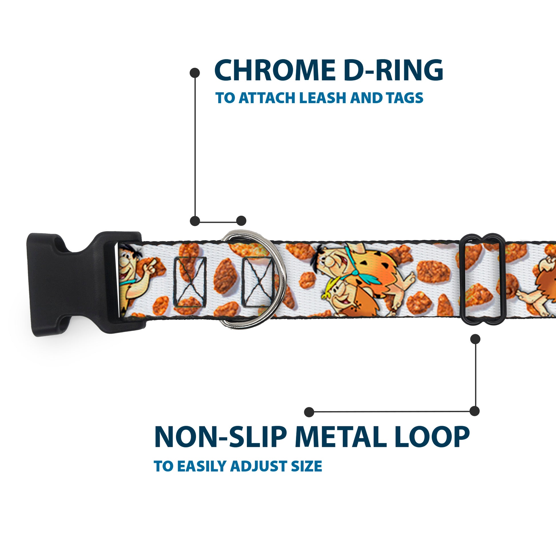 Plastic Clip Collar - Cocoa Pebbles Fred Flintstone and Barney Rubble Hugging Pose and Cereal Pebbles Scattered White/Browns Plastic Clip Collars The Flintstones