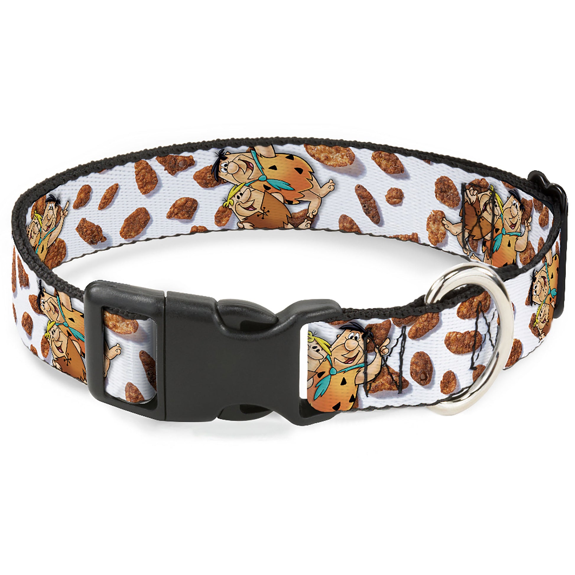 Plastic Clip Collar - Cocoa Pebbles Fred Flintstone and Barney Rubble Hugging Pose and Cereal Pebbles Scattered White/Browns Plastic Clip Collars The Flintstones
