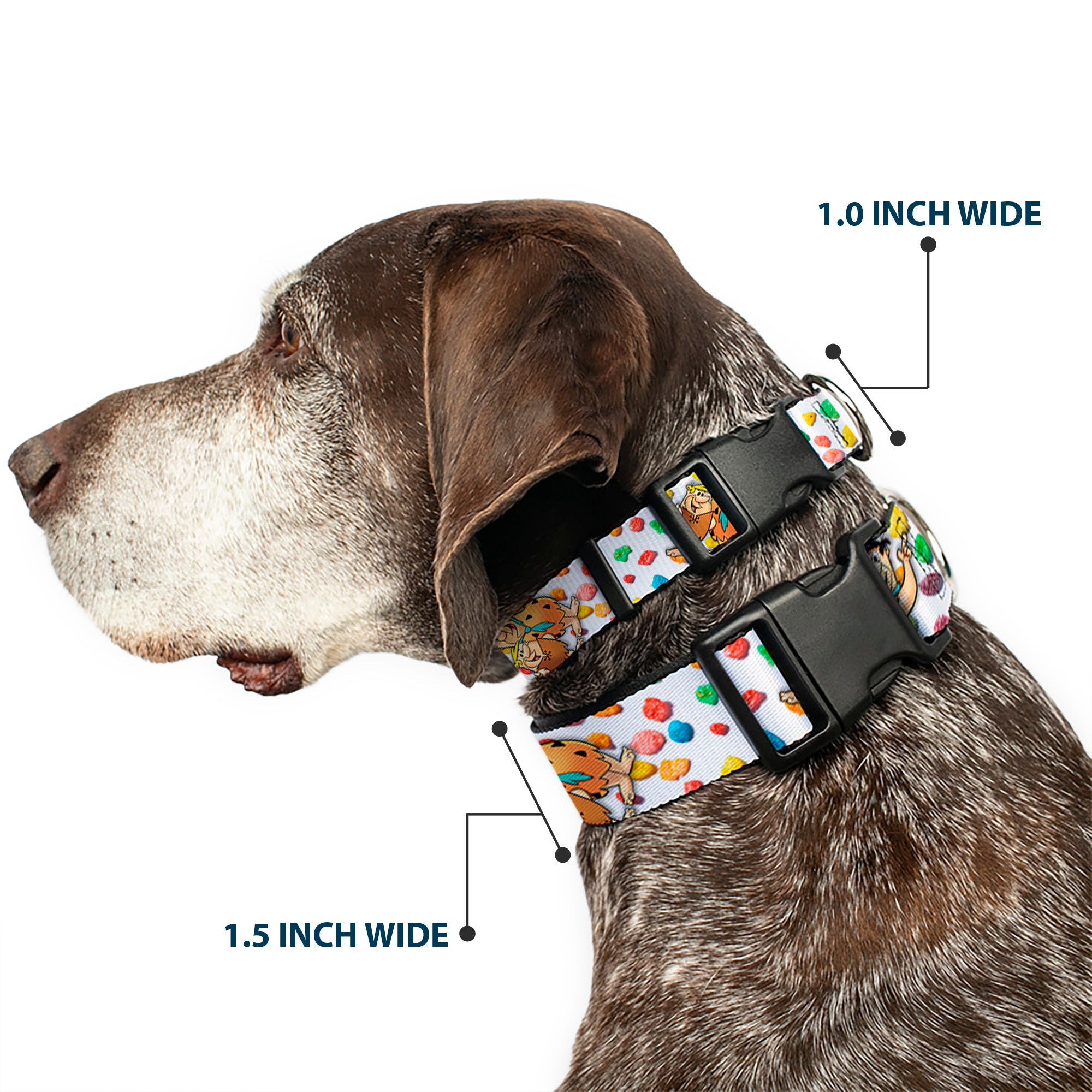 Plastic Clip Collar - Fruity Pebbles Fred Flintstone and Barney Rubble Hugging Pose and Cereal Pebbles Scattered White/Multi Color Plastic Clip Collars The Flintstones