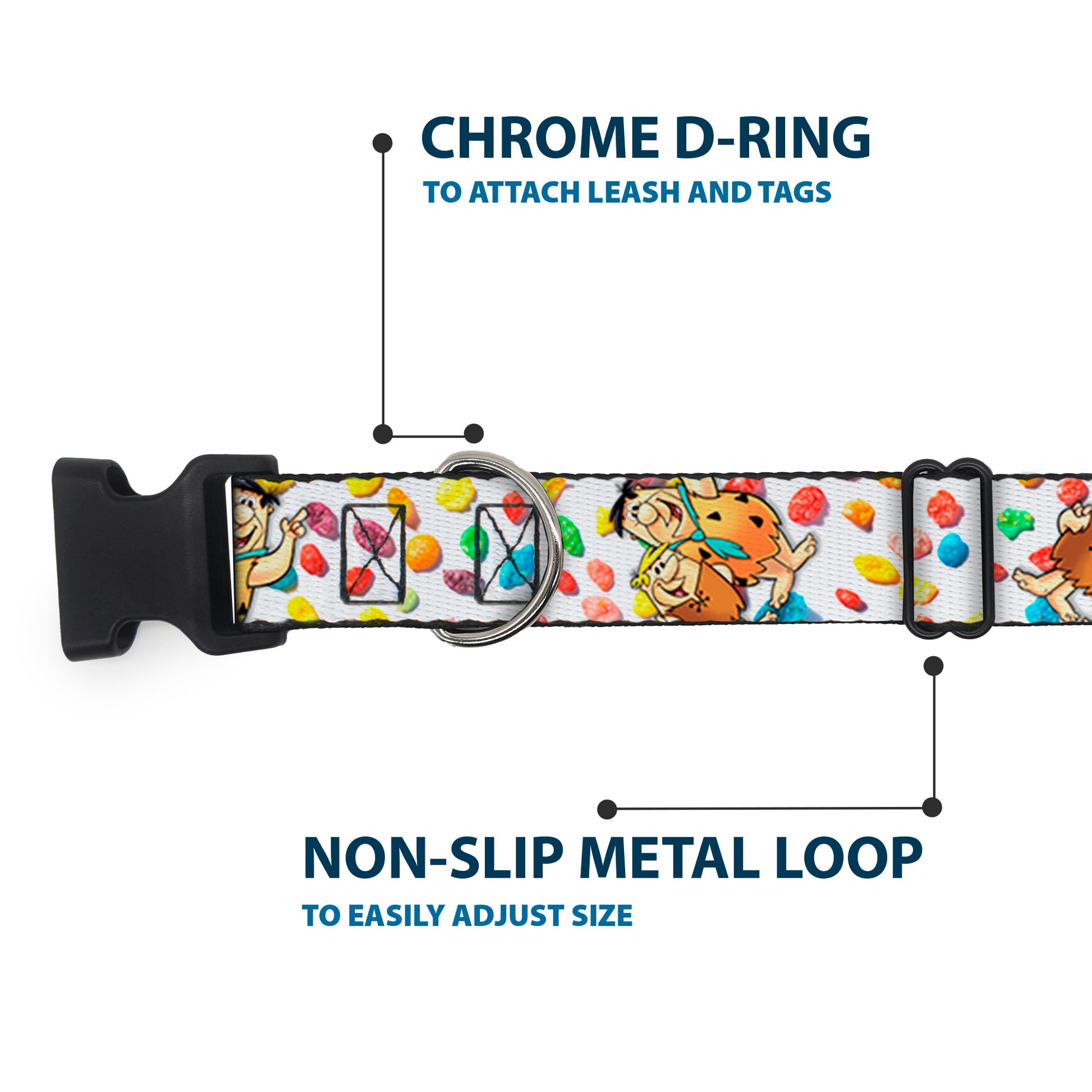 Plastic Clip Collar - Fruity Pebbles Fred Flintstone and Barney Rubble Hugging Pose and Cereal Pebbles Scattered White/Multi Color Plastic Clip Collars The Flintstones