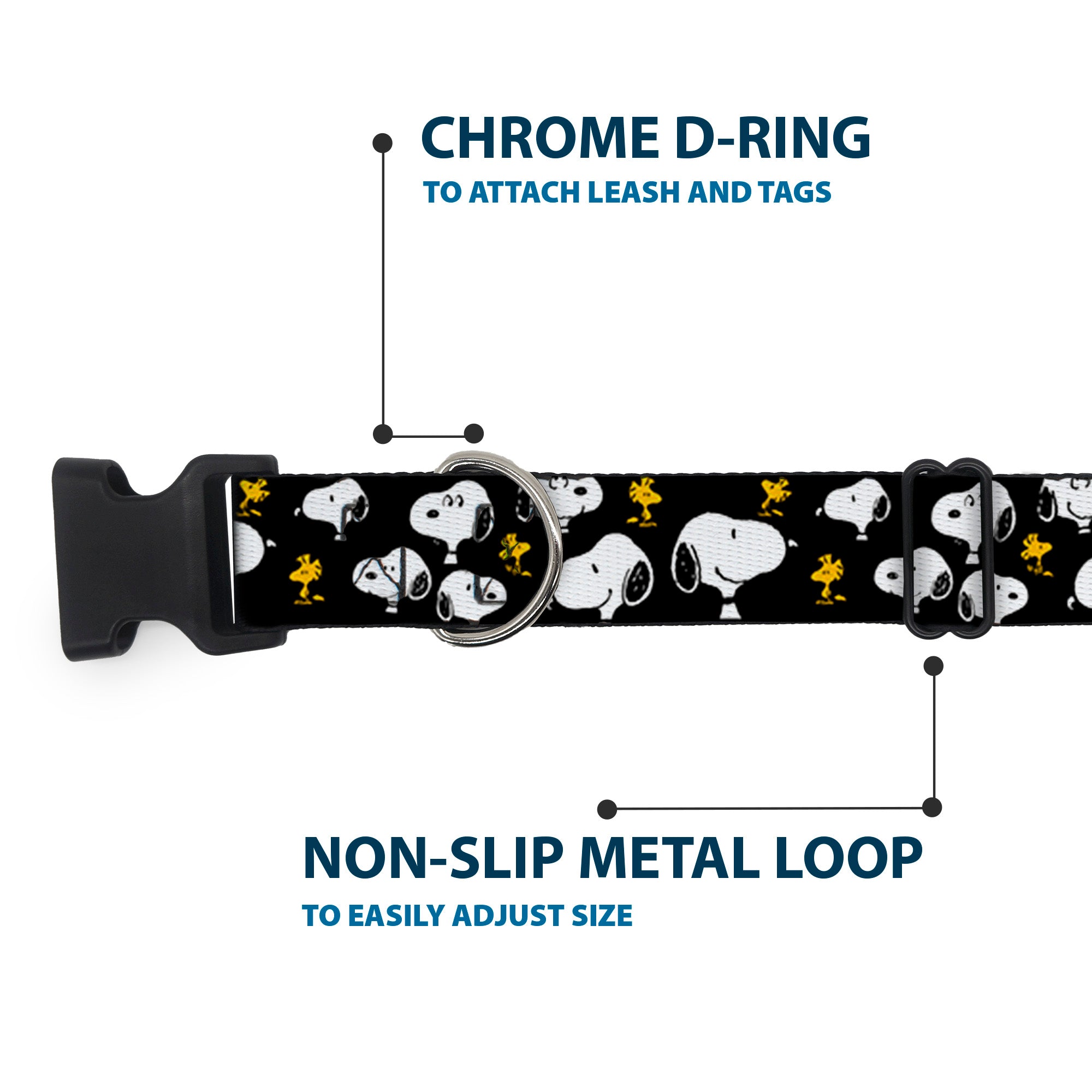 Plastic Clip Collar - Peanuts Snoopy and Woodstock Poses Scattered Black Plastic Clip Collars Peanuts