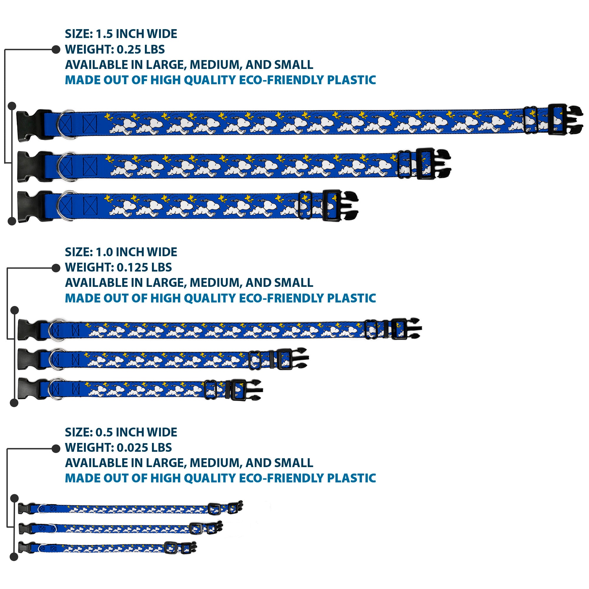 Plastic Clip Collar - Peanuts Snoopy Running and Woodstock Pose Blue Plastic Clip Collars Peanuts
