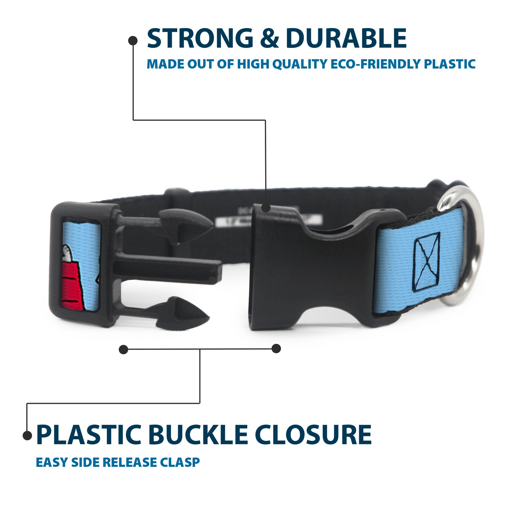 Plastic Clip Collar - Peanuts Snoopy and Woodstock Dog House Pose and Text Sky Blue Plastic Clip Collars Peanuts