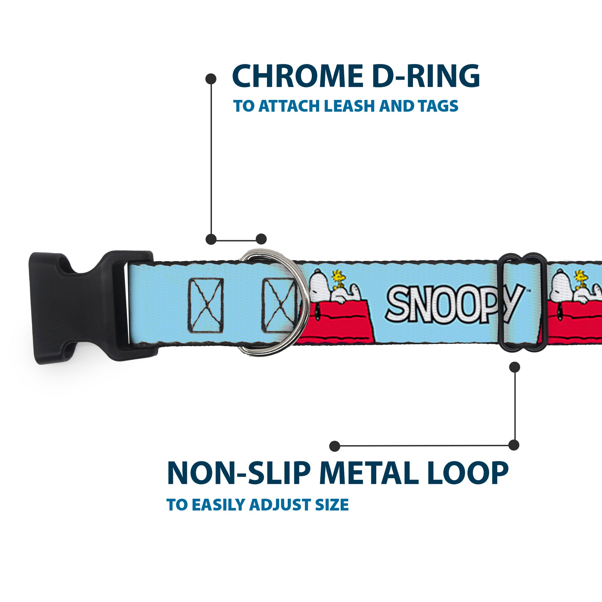 Plastic Clip Collar - Peanuts Snoopy and Woodstock Dog House Pose and Text Sky Blue Plastic Clip Collars Peanuts