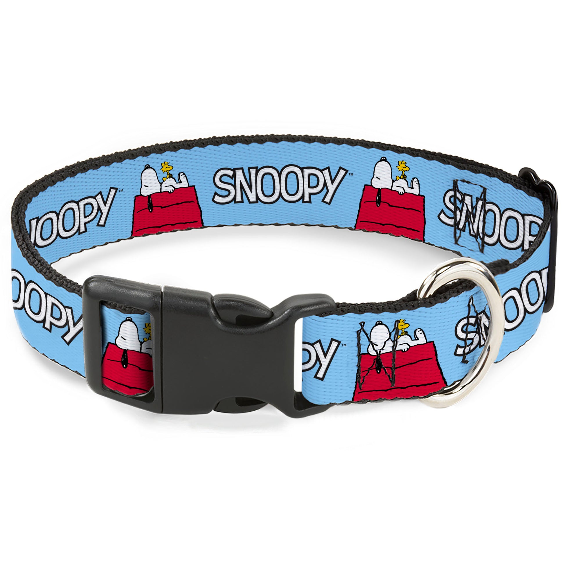 Plastic Clip Collar - Peanuts Snoopy and Woodstock Dog House Pose and Text Sky Blue Plastic Clip Collars Peanuts