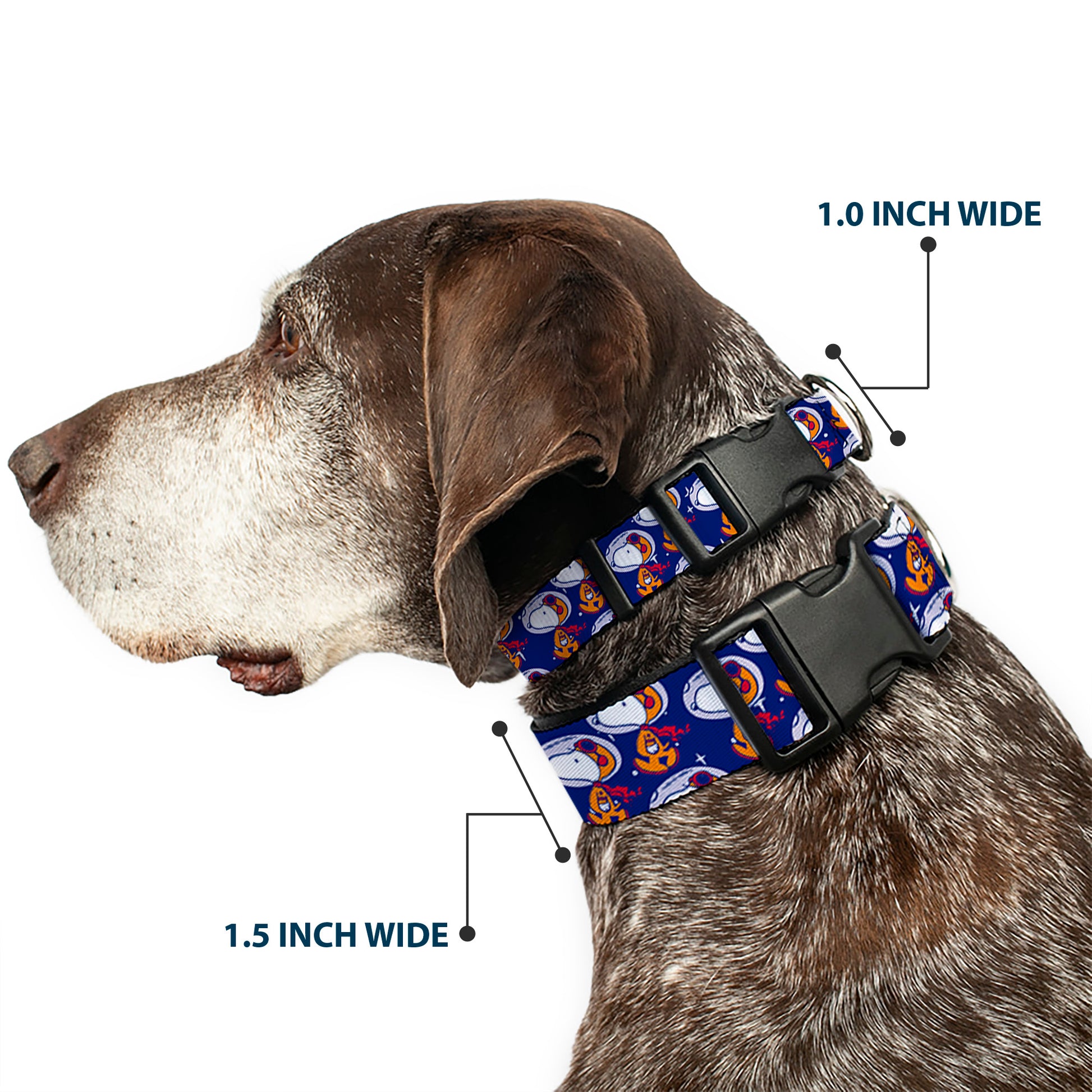 Plastic Clip Collar - Peanuts Astronaut Snoopy Walking Pose Scattered Blue/Orange Plastic Clip Collars Peanuts