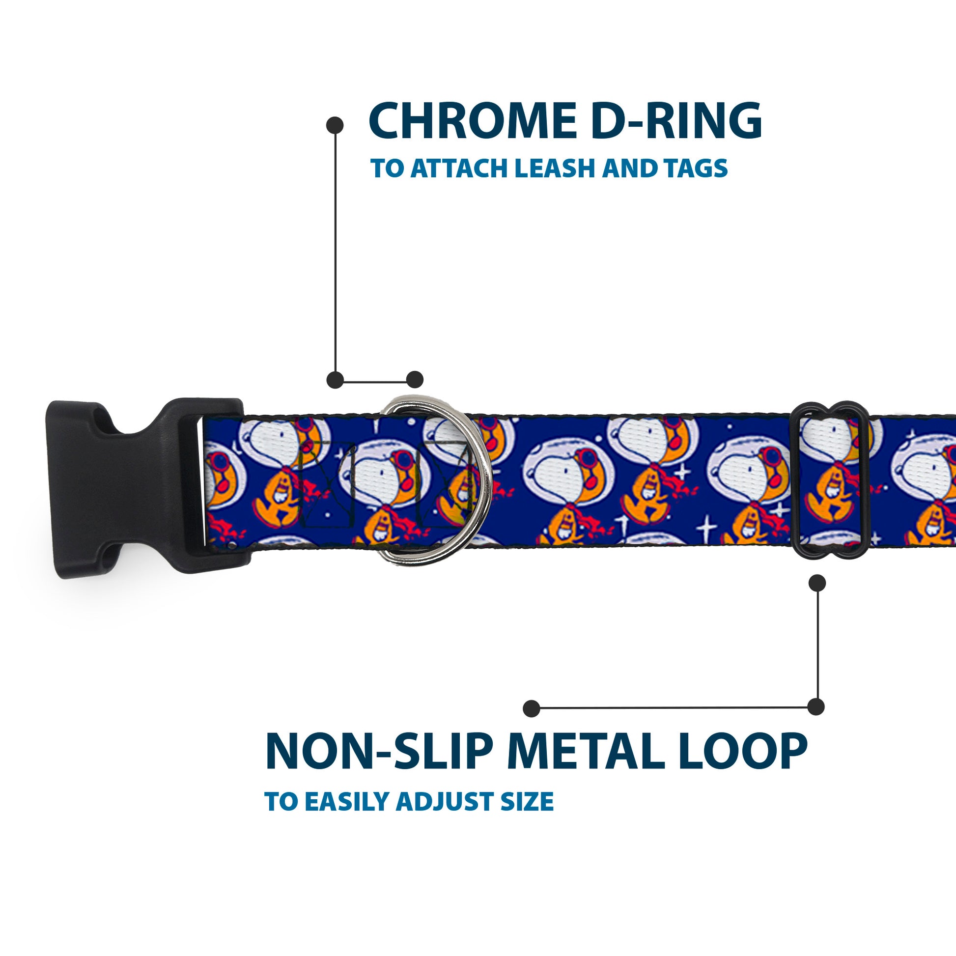 Plastic Clip Collar - Peanuts Astronaut Snoopy Walking Pose Scattered Blue/Orange Plastic Clip Collars Peanuts