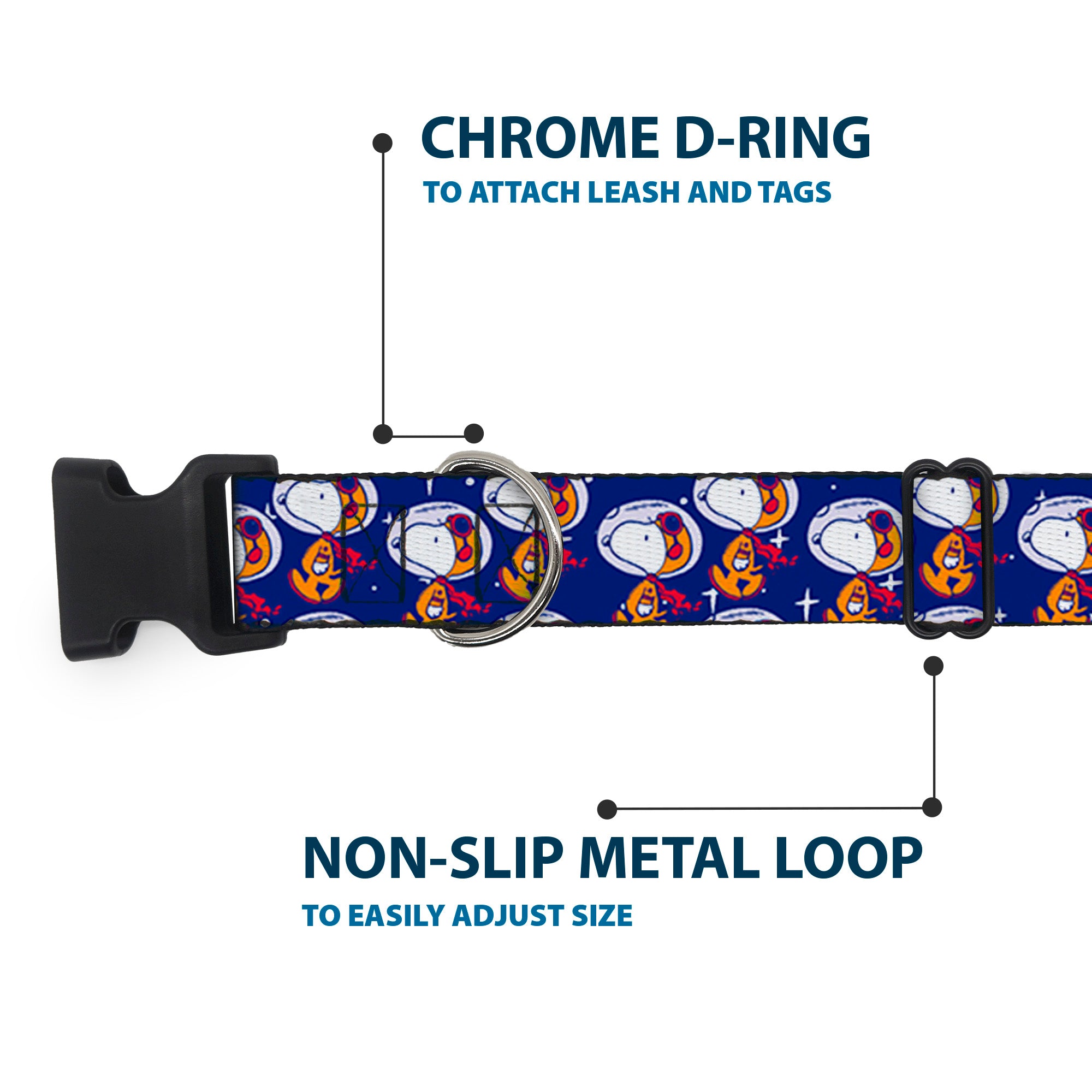 Plastic Clip Collar - Peanuts Astronaut Snoopy Walking Pose Scattered Blue/Orange Plastic Clip Collars Peanuts